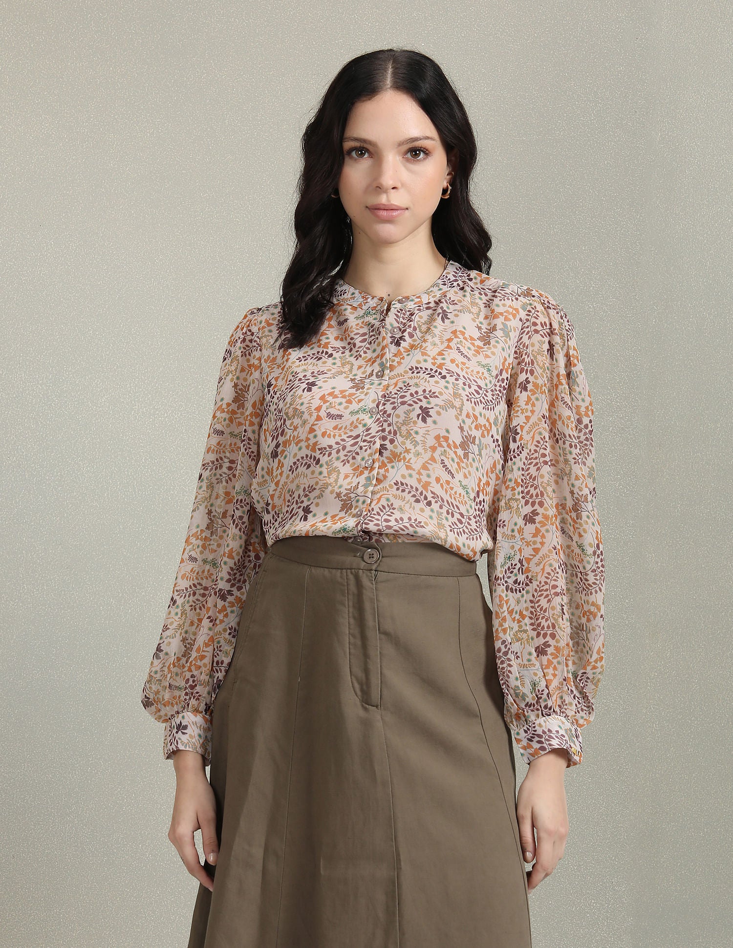 Mandarin Collar Floral Shirt Beige - U.S. Polo Assn. India | Large