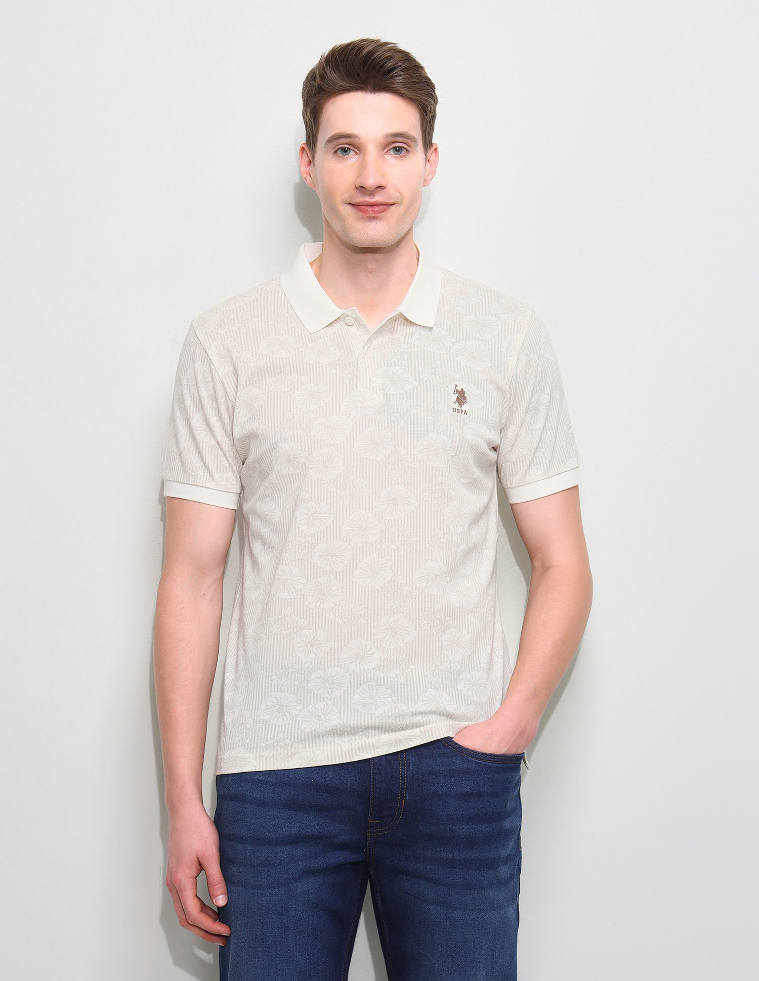 Floral Vertical Striped Slim Fit Polo Shirt Off White - U.S. Polo Assn. India | Large