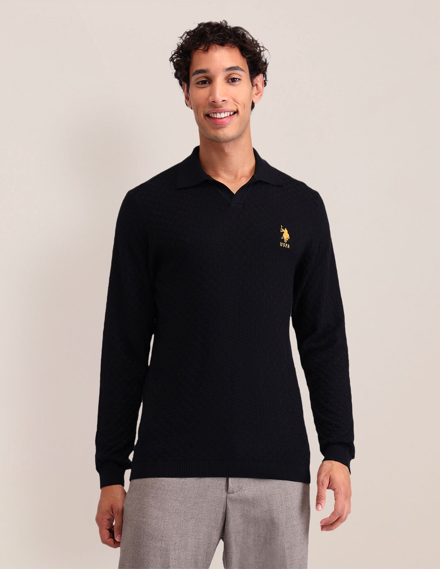 Textured Regular Fit Sweater Black - U.S. Polo Assn. India | Large