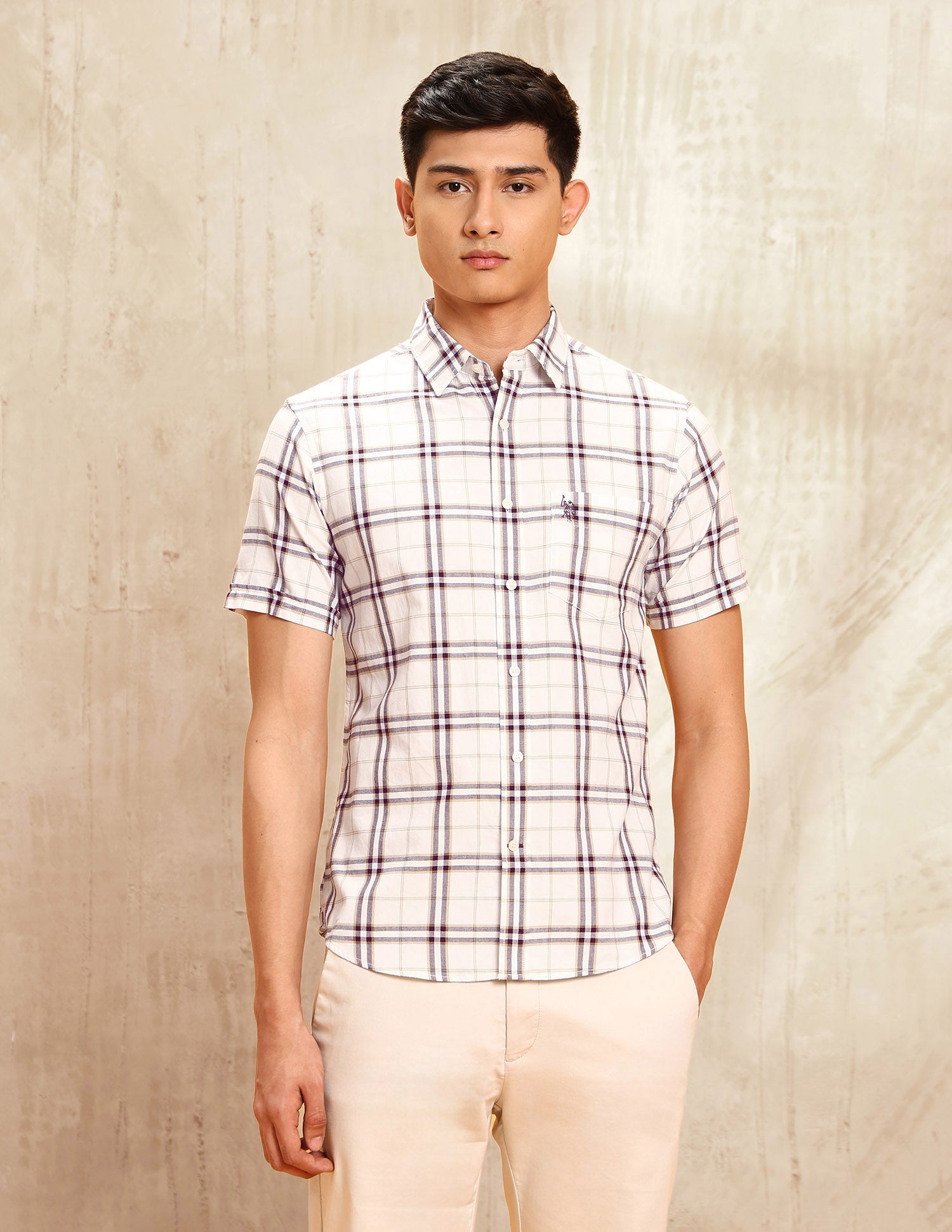 Windowpane Checked Tailored Fit Shirt Beige - U.S. POLO ASSN. | Large