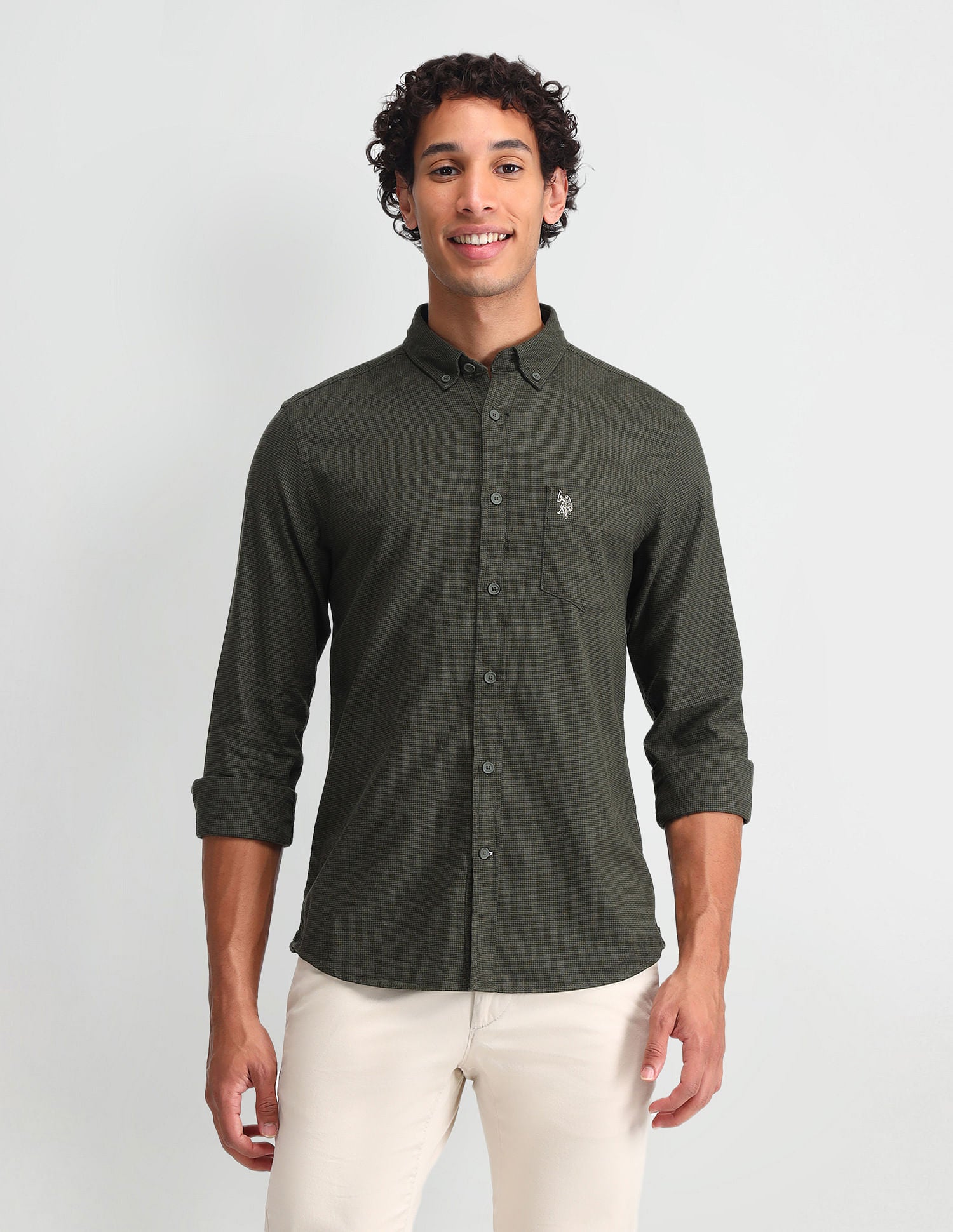 Micro Checked Slim Fit Shirt Dark Green - U.S. Polo Assn. India | Large