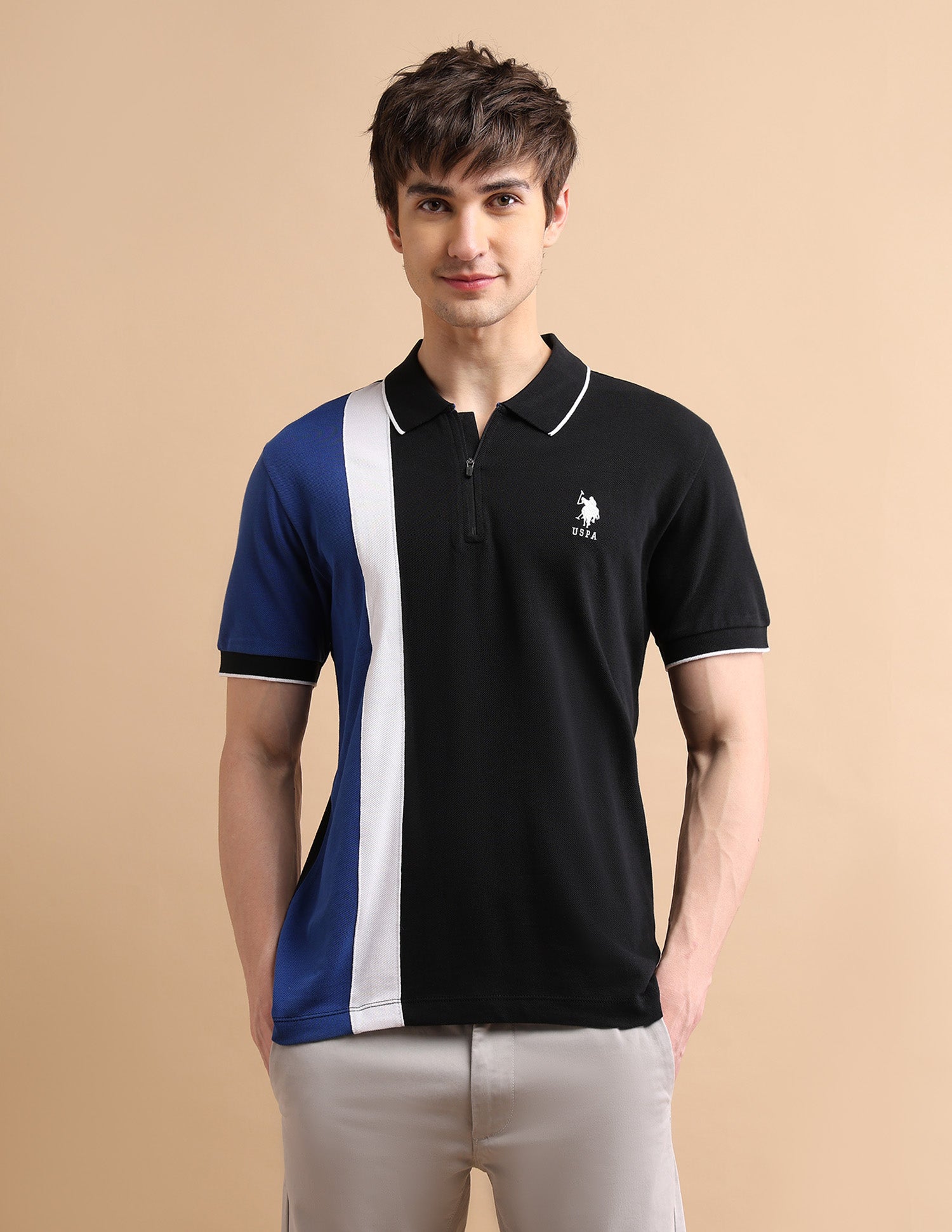 Colour Block Zipper Polo Shirt Black - U.S. POLO ASSN. | Large