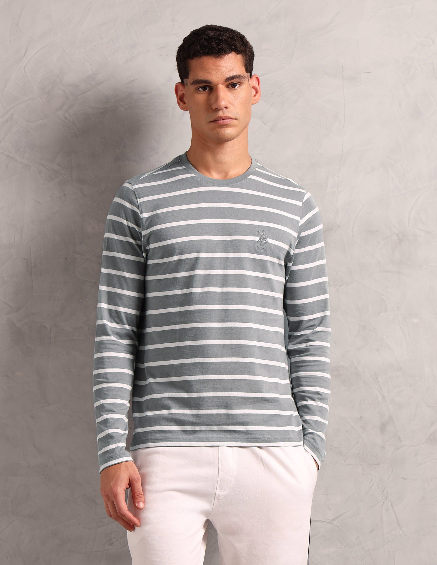 Horizontal Striped Pure Cotton I689 Lounge T-Shirt - Pack Of 1 Ghost Grey / White - U.S. POLO ASSN. | Large