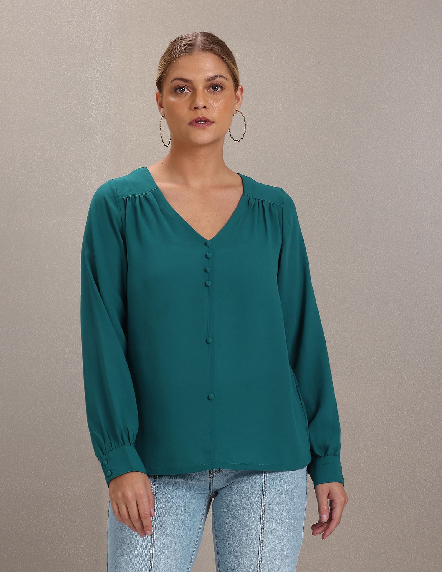 Mock Button Placket Long Sleeve Top Teal - U.S. Polo Assn. India | Large