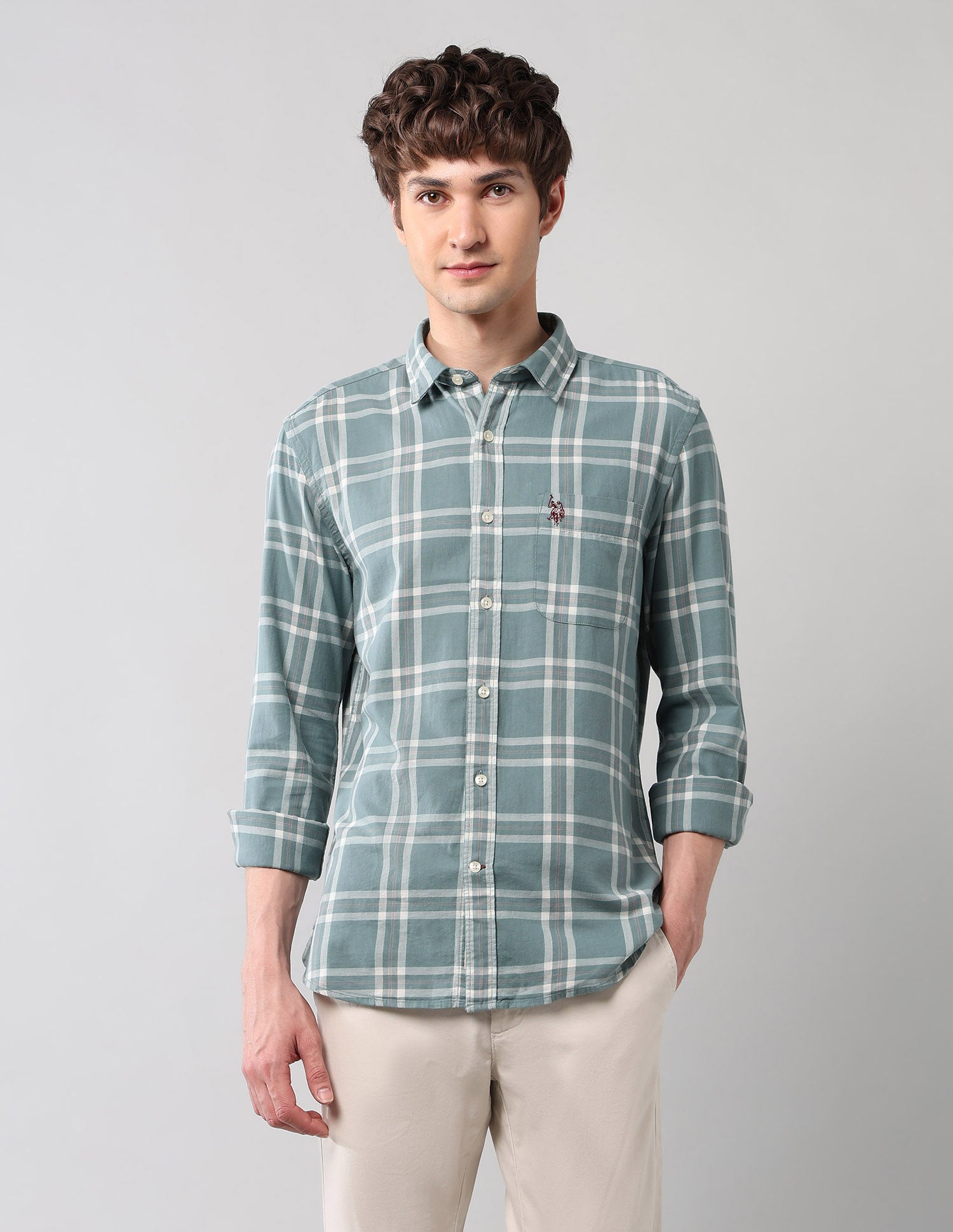 Grid Tattersall Checked Pure Cotton Shirt Green - U.S. POLO ASSN. | Large