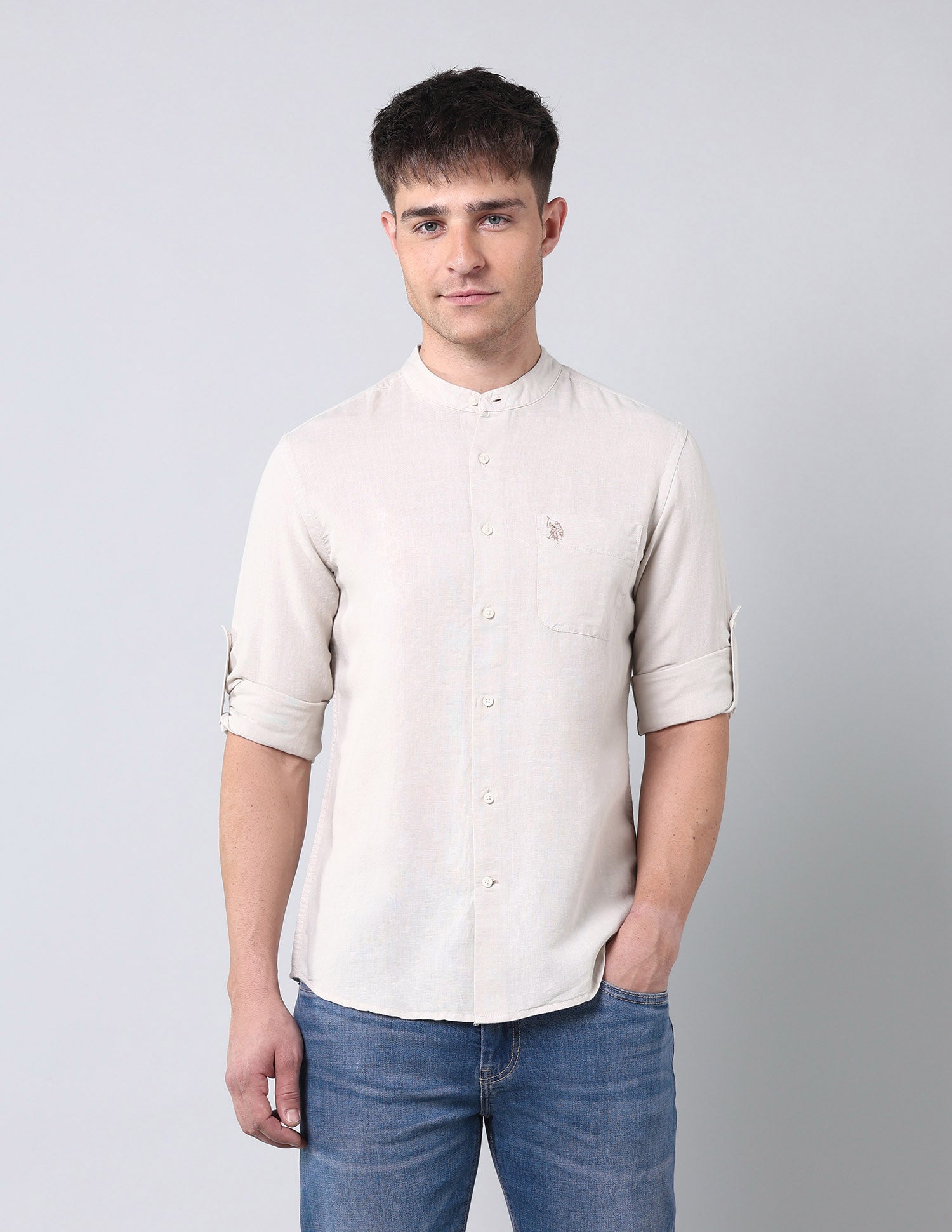 Solid Regular Fit Poplin Shirt Light Beige - U.S. Polo Assn. India | Large