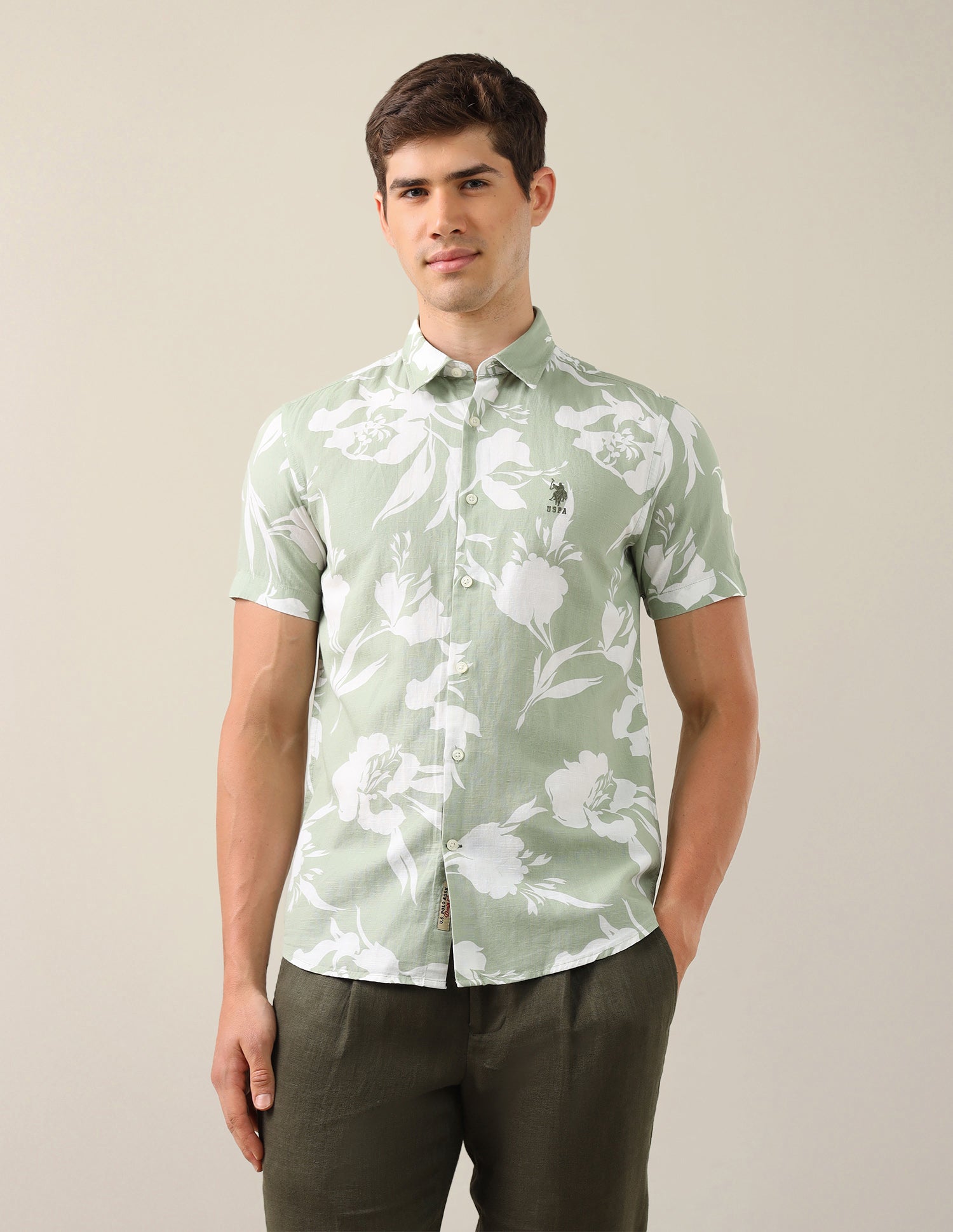 Floral Printed Cotton Linen Shirt Light Green - U.S. Polo Assn. India | Large