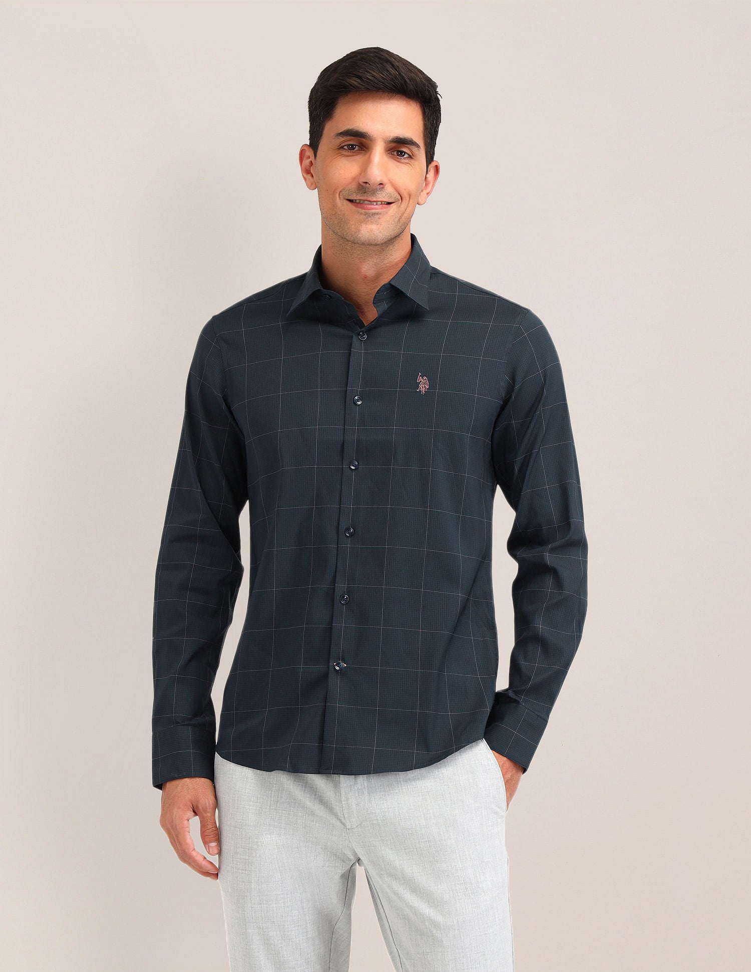 Gingham Checked Tailored Fit Shirt Navy - U.S. Polo Assn. India | Large