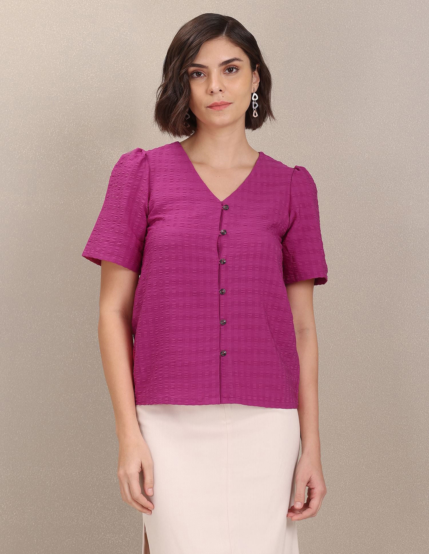 V-Neck Self Designed Top Fuchsia - U.S. Polo Assn. India | Large