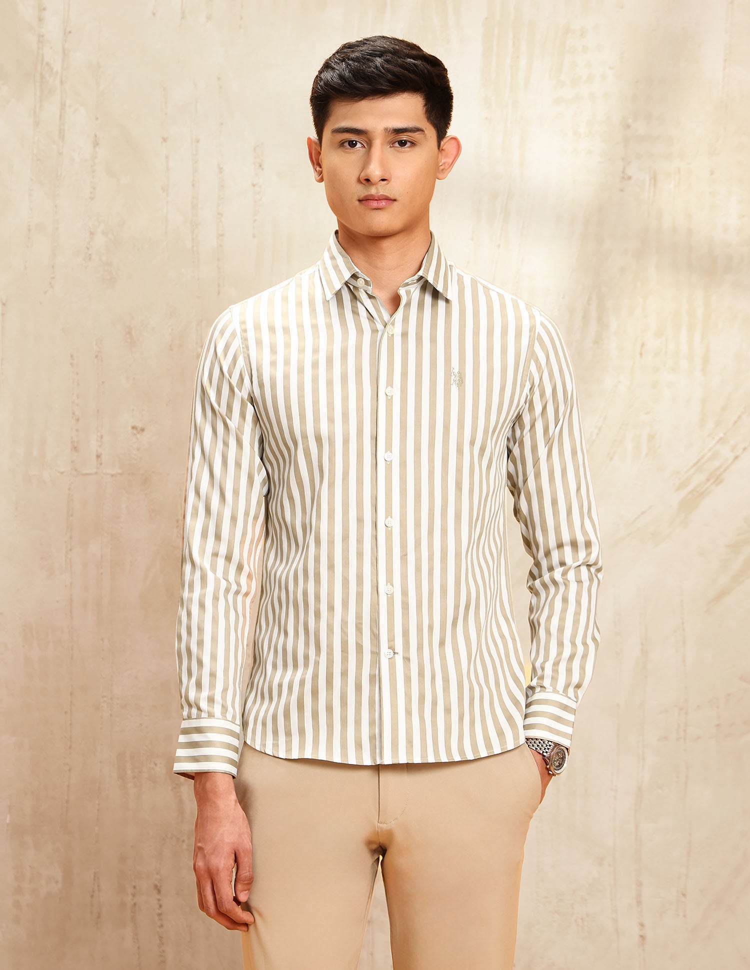 Satin Vertical Striped Shirt Beige - U.S. POLO ASSN. | Large