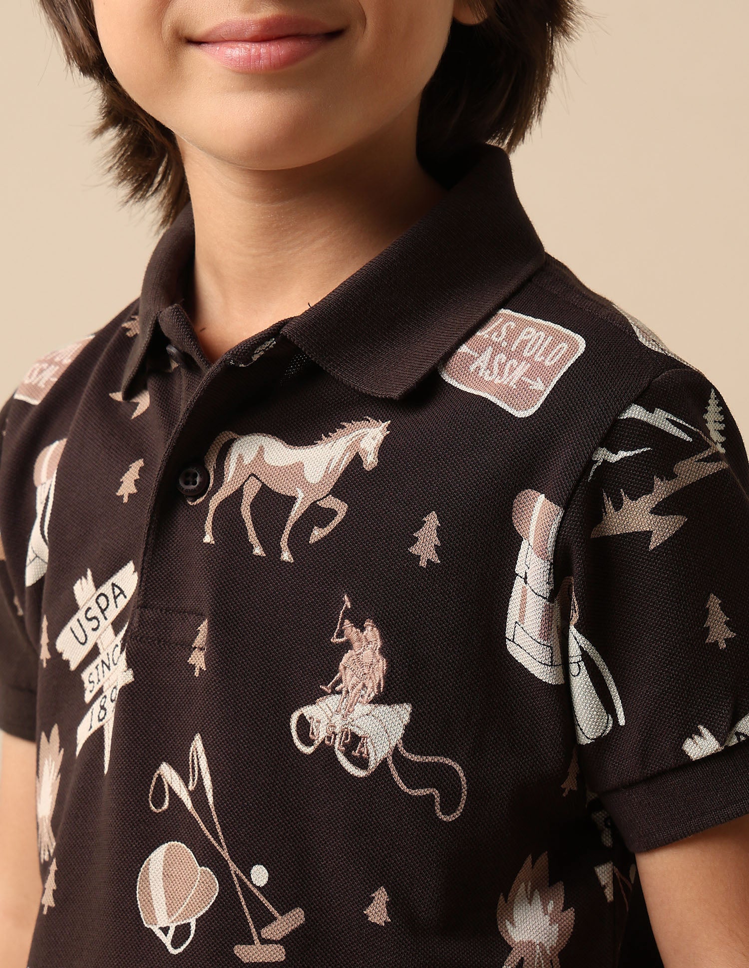 Boys All Over Printed Pure Cotton Polo Shirt Dark Brown - U.S. POLO ASSN. | Large