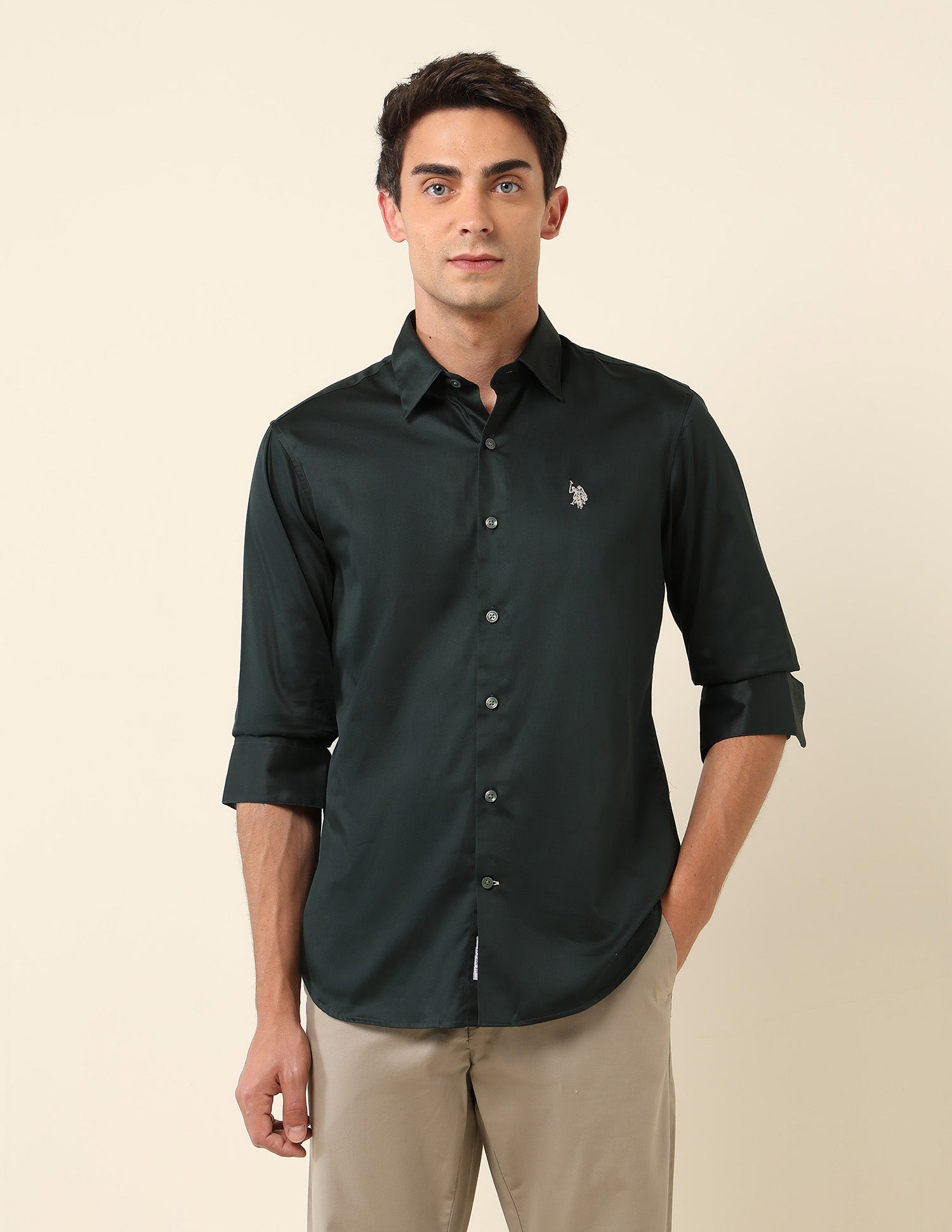 Tailored Fit Satin Pure Cotton Shirt Dark Olive - U.S. Polo Assn. India | Large
