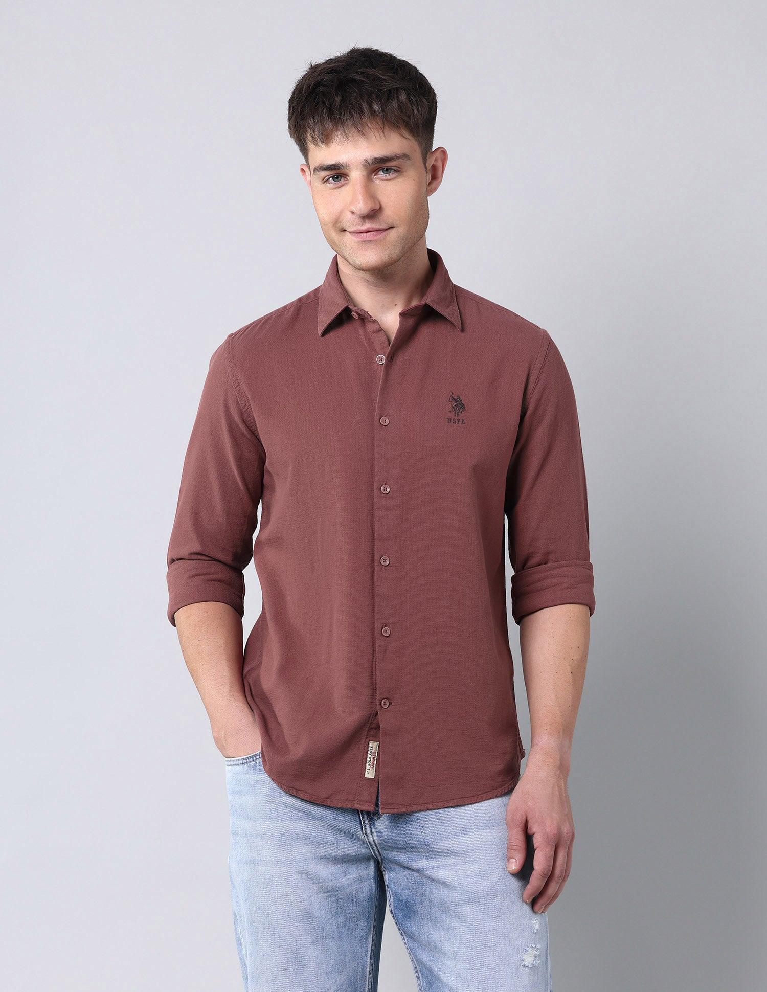 Solid Pure Cotton Dobby Shirt Rust - U.S. Polo Assn. India | Large