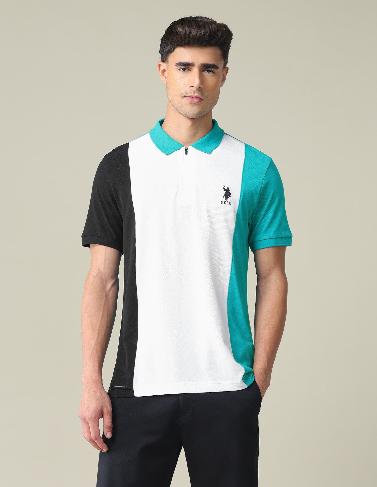 Colour Block Cotton Polo Shirt Green and White - U.S. POLO ASSN. | Large