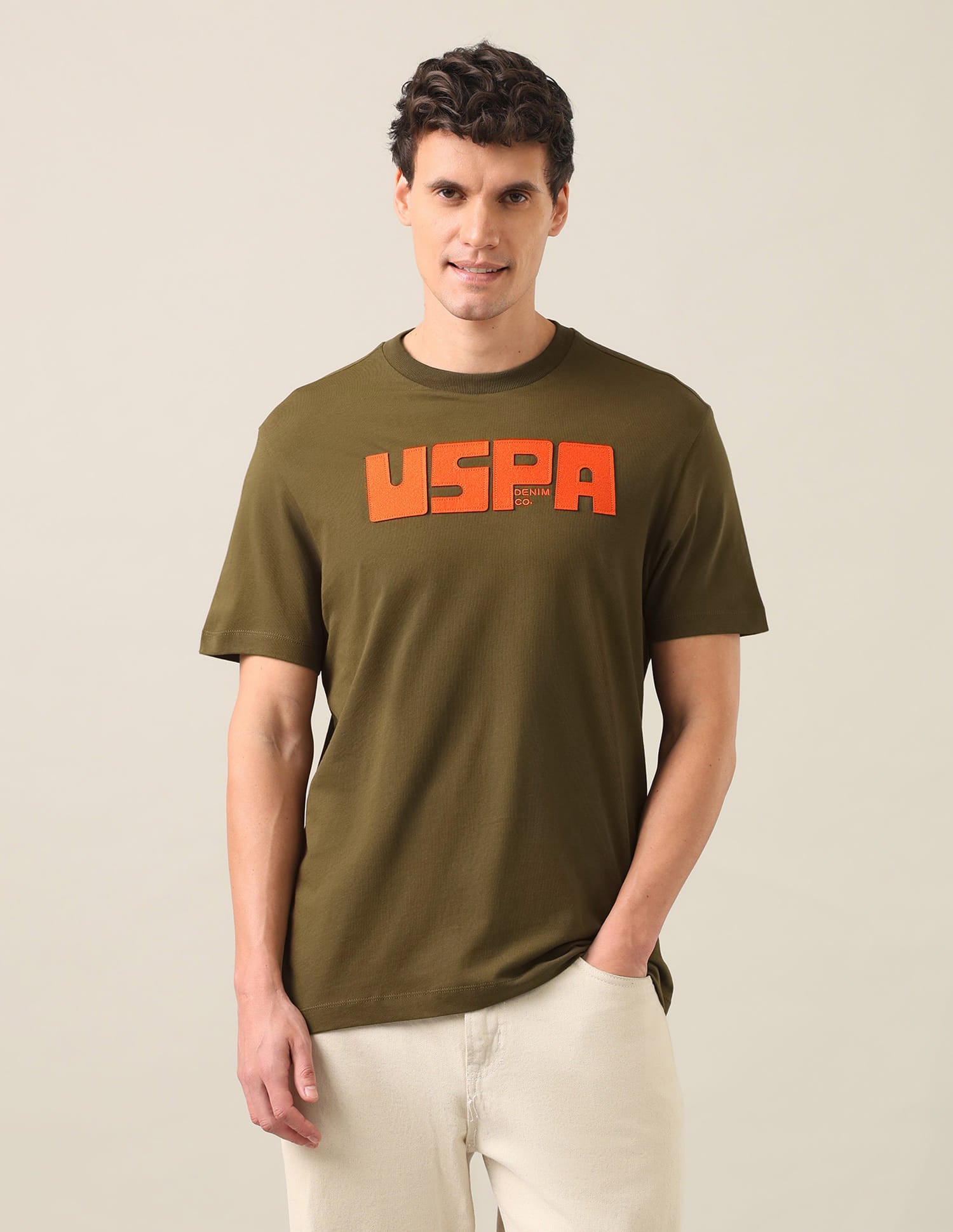 Brand Embossed Regular Fit T-Shirt Olive - U.S. Polo Assn. India | Large