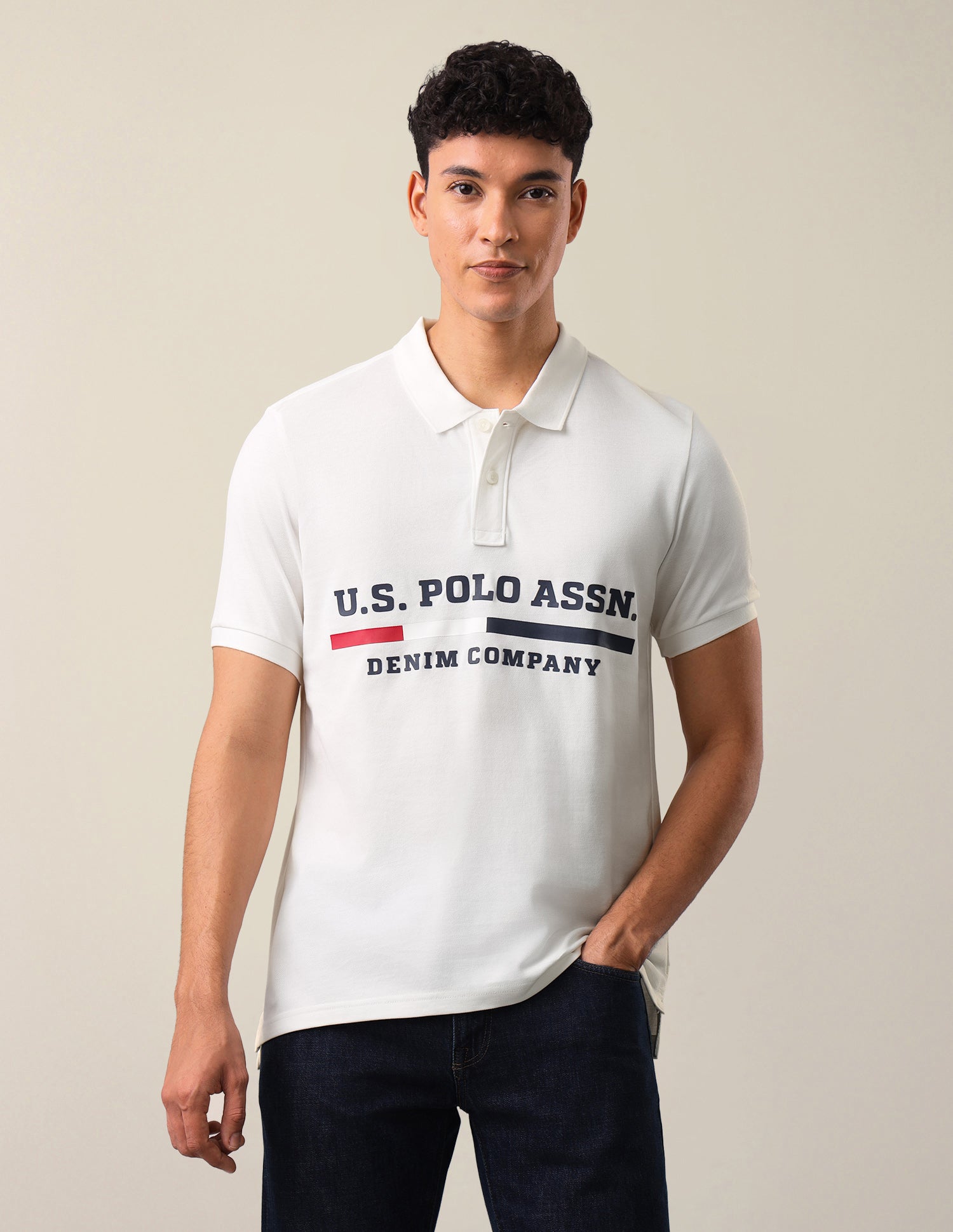 Brand Printed Slim Fit Polo Shirt Ivory - U.S. Polo Assn. India | Large