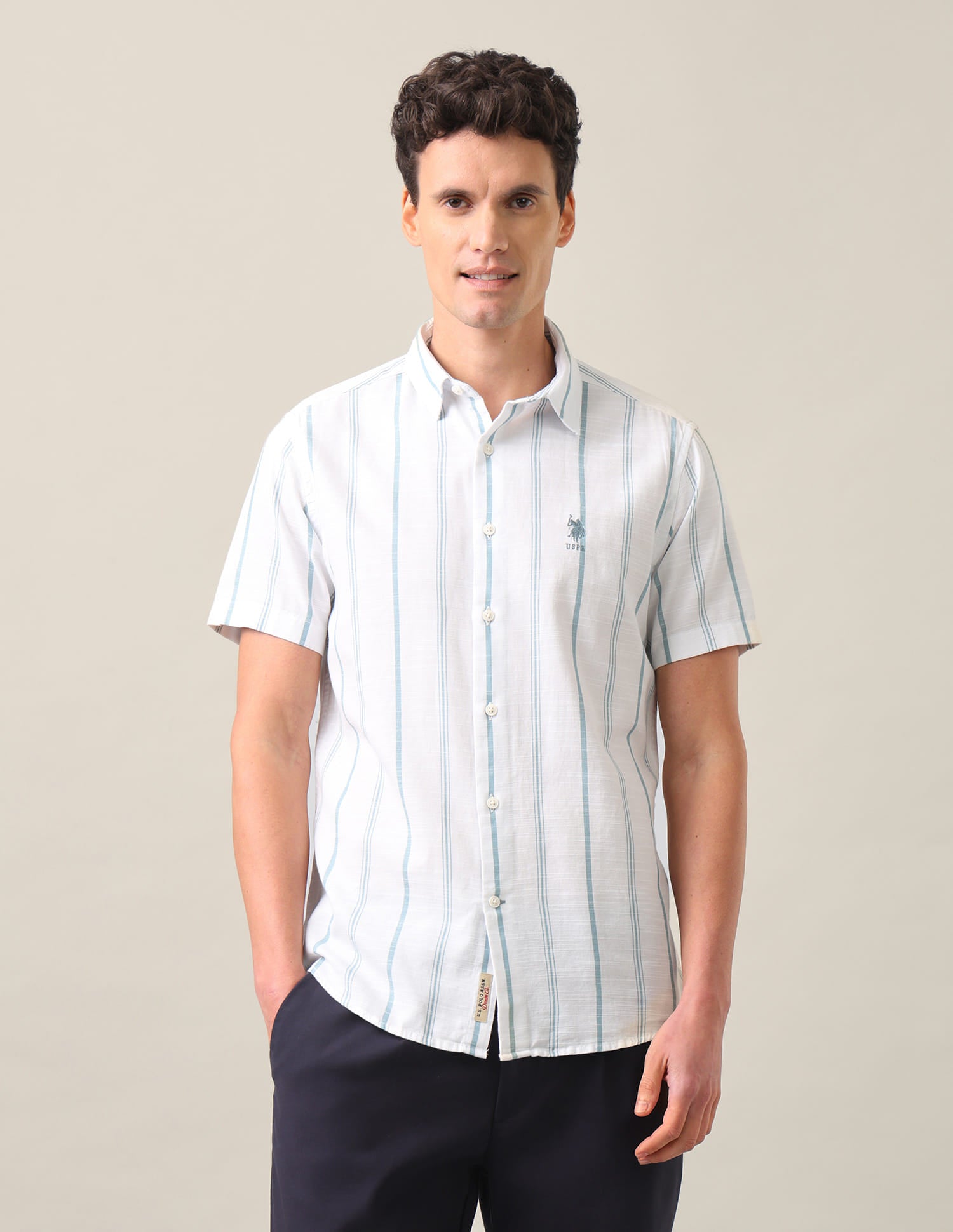 Vertical Striped Regular Fit Shirt Light Teal - U.S. Polo Assn. India | Large