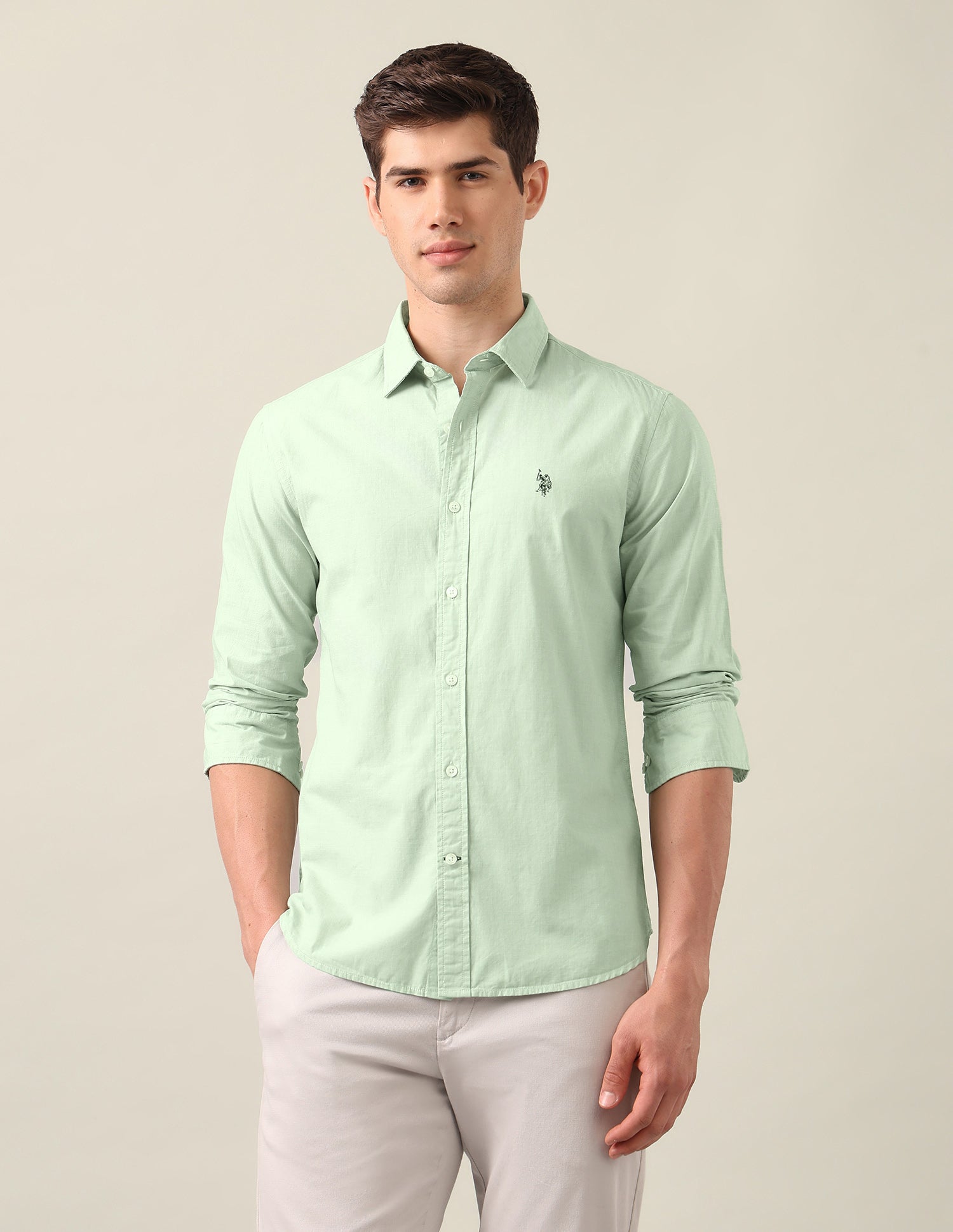 Tailored Fit Solid Shirt Light Green - U.S. Polo Assn. India | Large