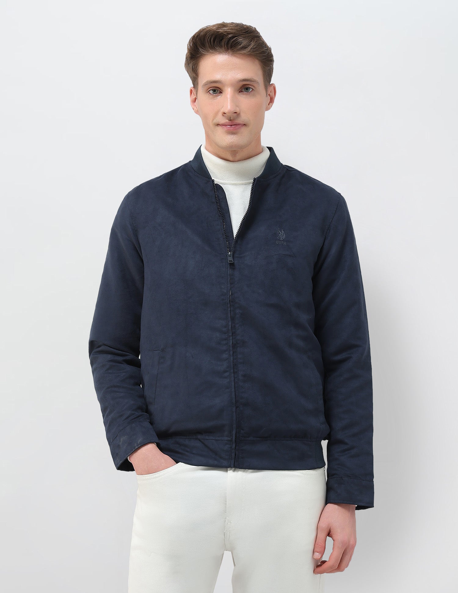 Solid Regular Fit Bomber Jacket Navy - U.S. Polo Assn. India | Large