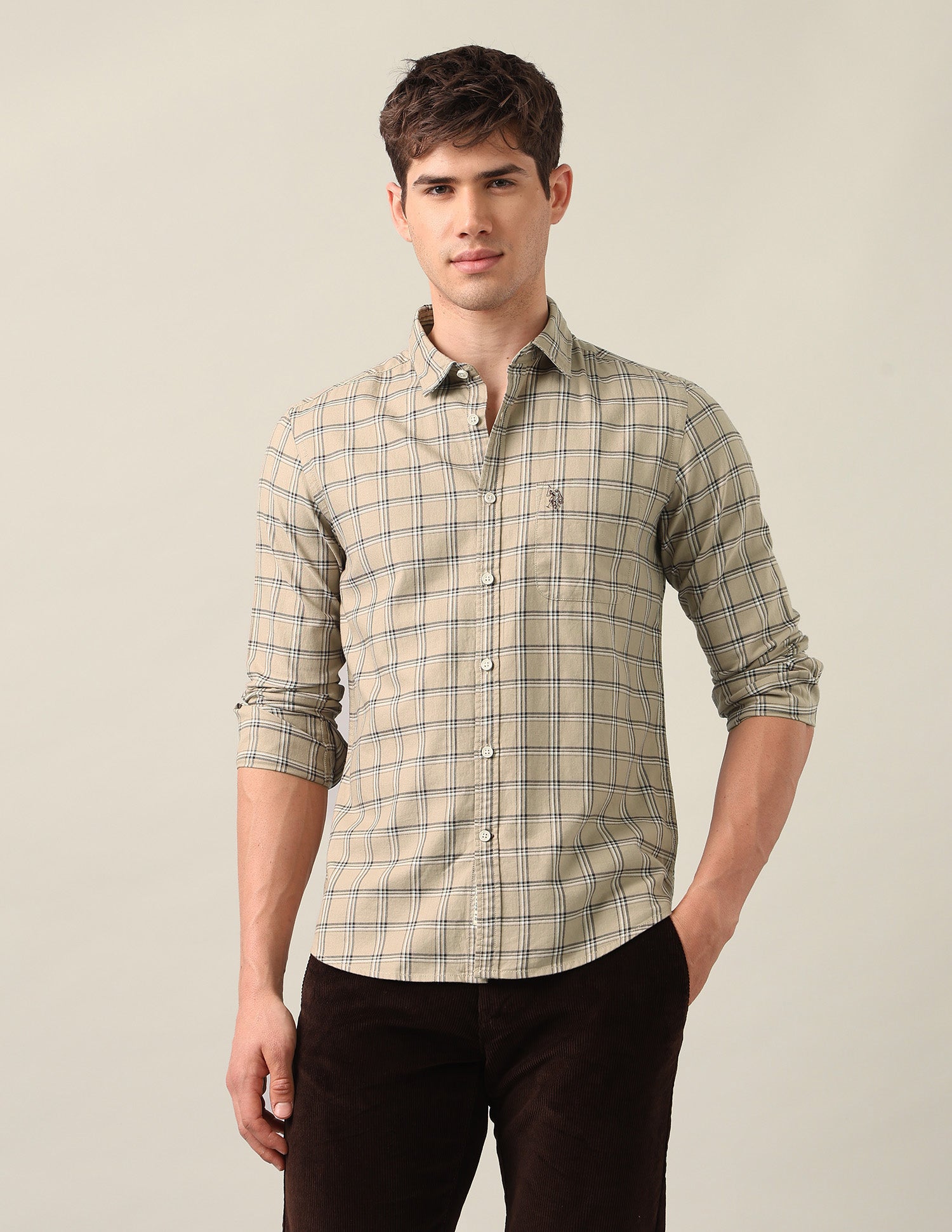 Grid Tattersall Checked Twill Shirt Beige - U.S. Polo Assn. India | Large