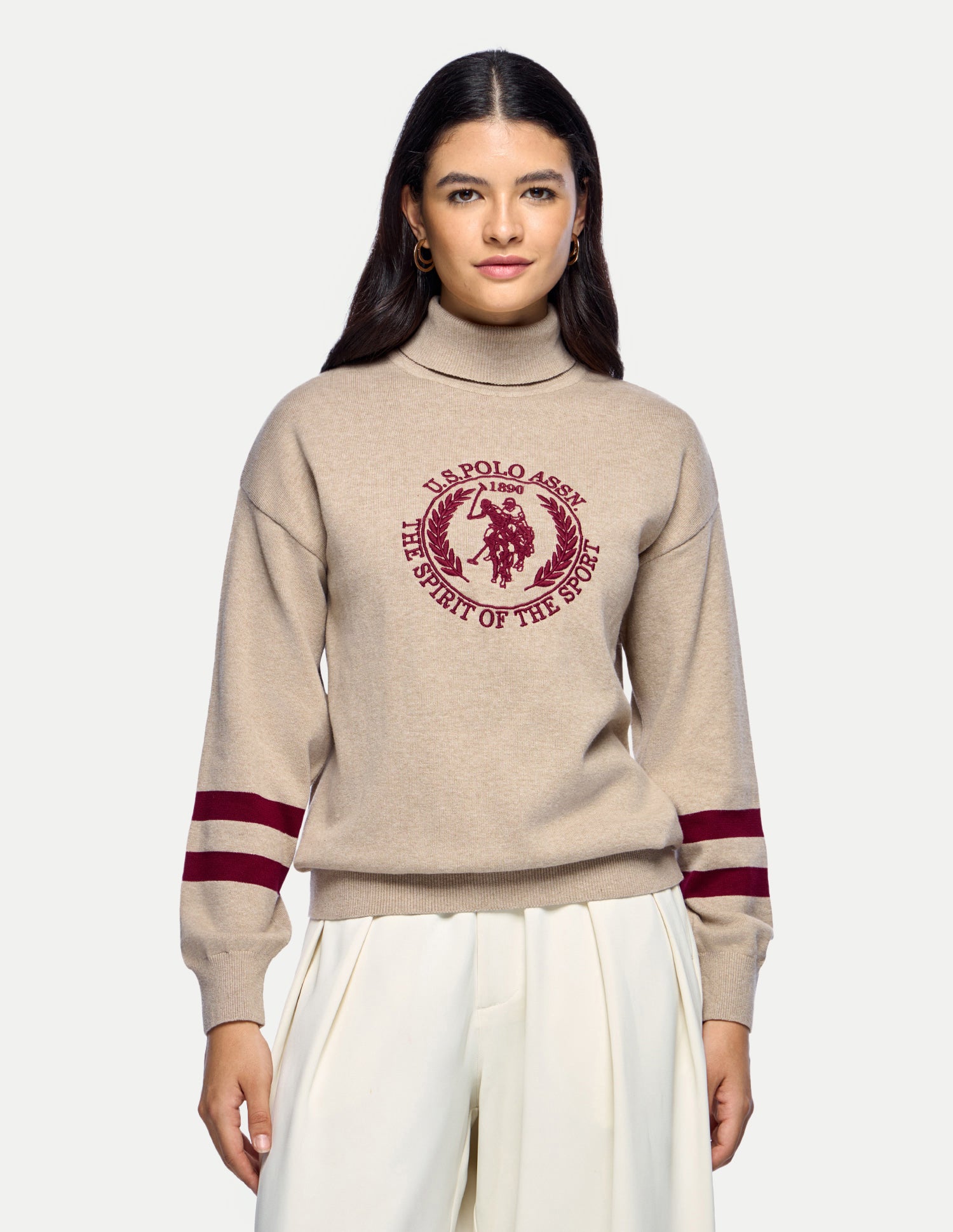 Brand Embroidered Relaxed Fit Sweater Beige - U.S. Polo Assn. India | Large