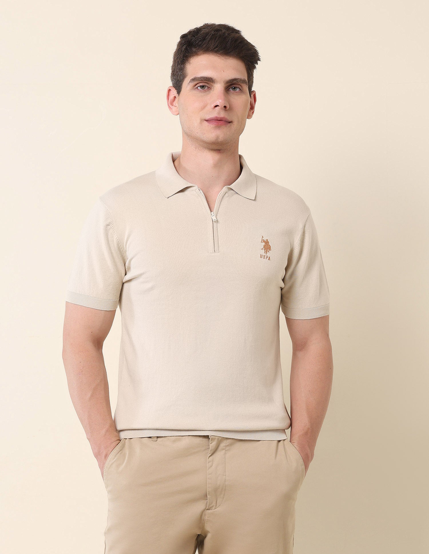 Slim Fit Monochrome Polo Shirt Beige - U.S. Polo Assn. India | Large