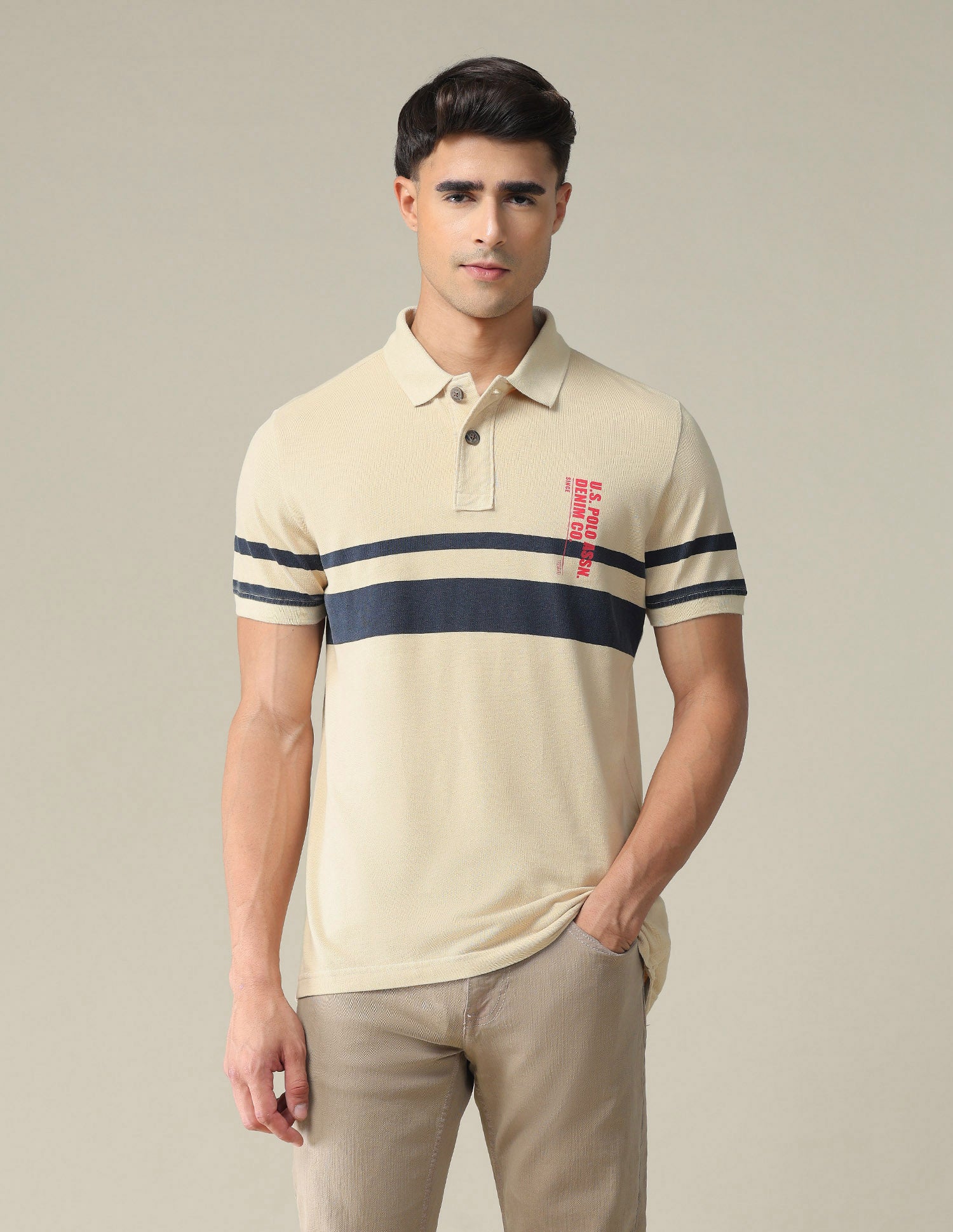 Horizontal Engineered Stripe Cotton Polo Shirt Beige - U.S. POLO ASSN. | Large