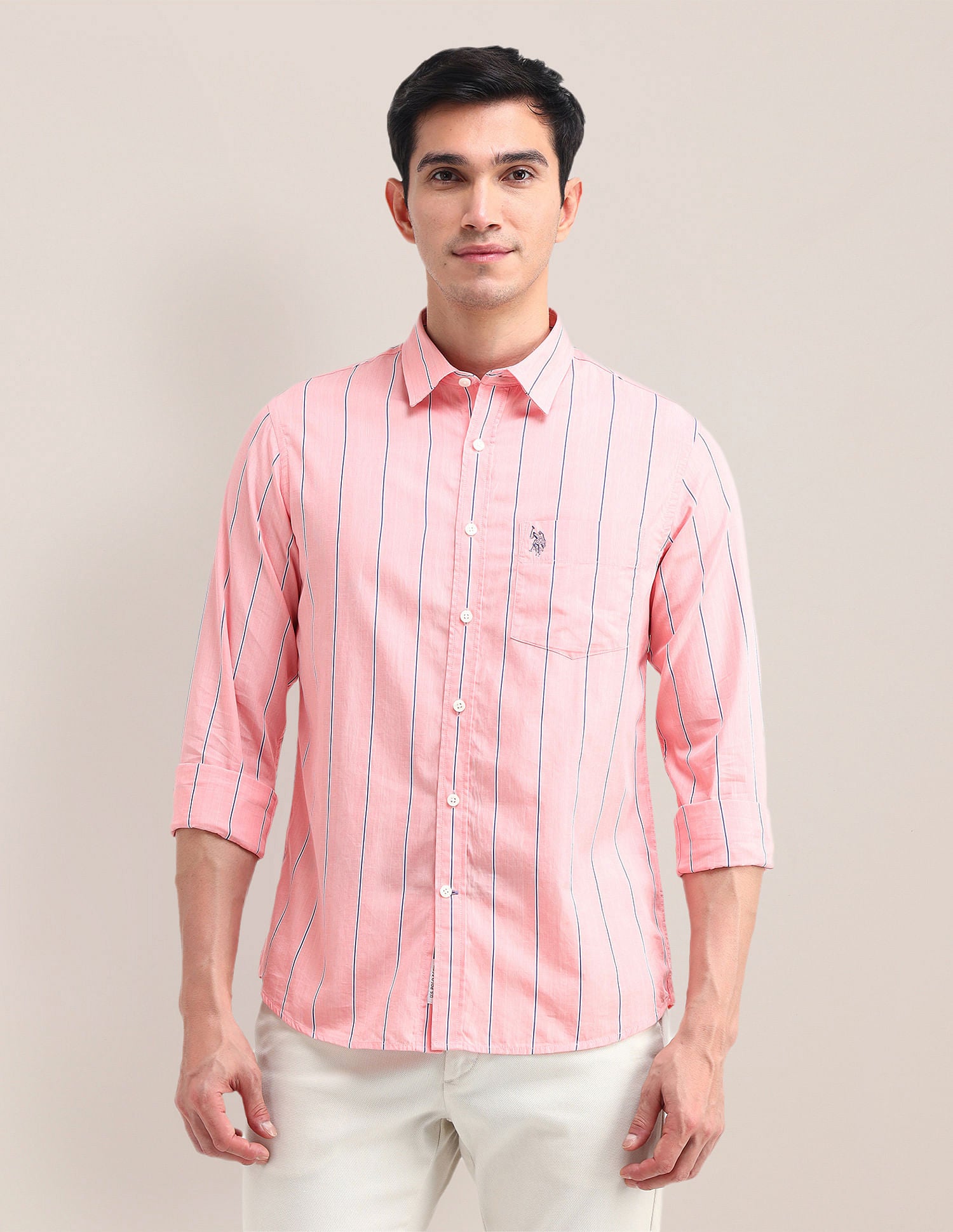 Tailored Fit Horizontal Striped Shirt Peach - U.S. Polo Assn. India | Large