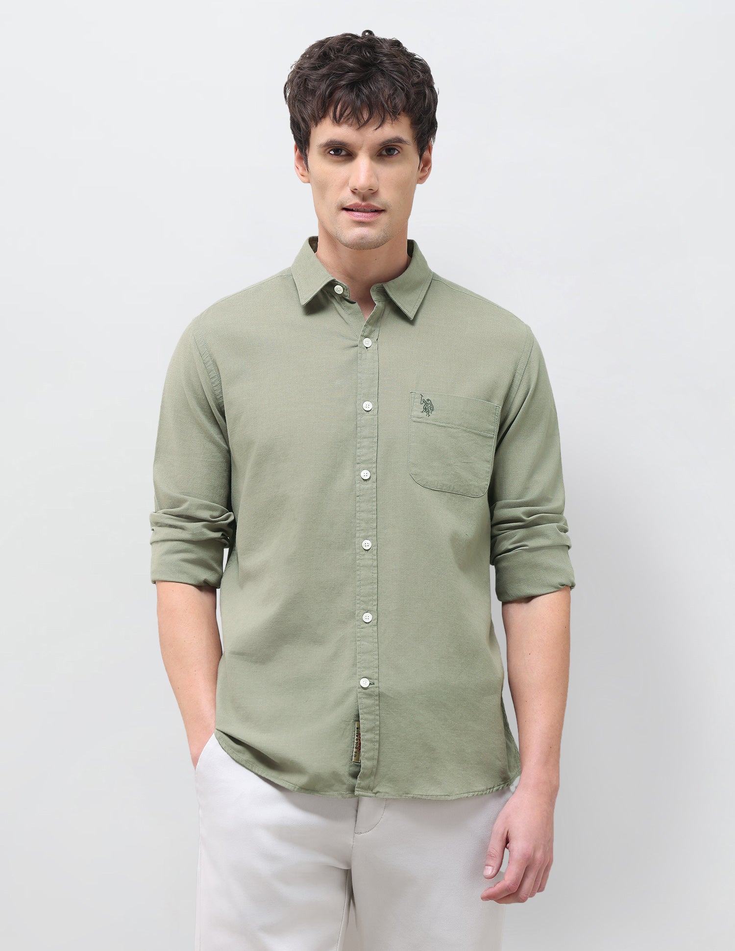Solid Regular Fit Shirt Light Olive - U.S. Polo Assn. India | Large