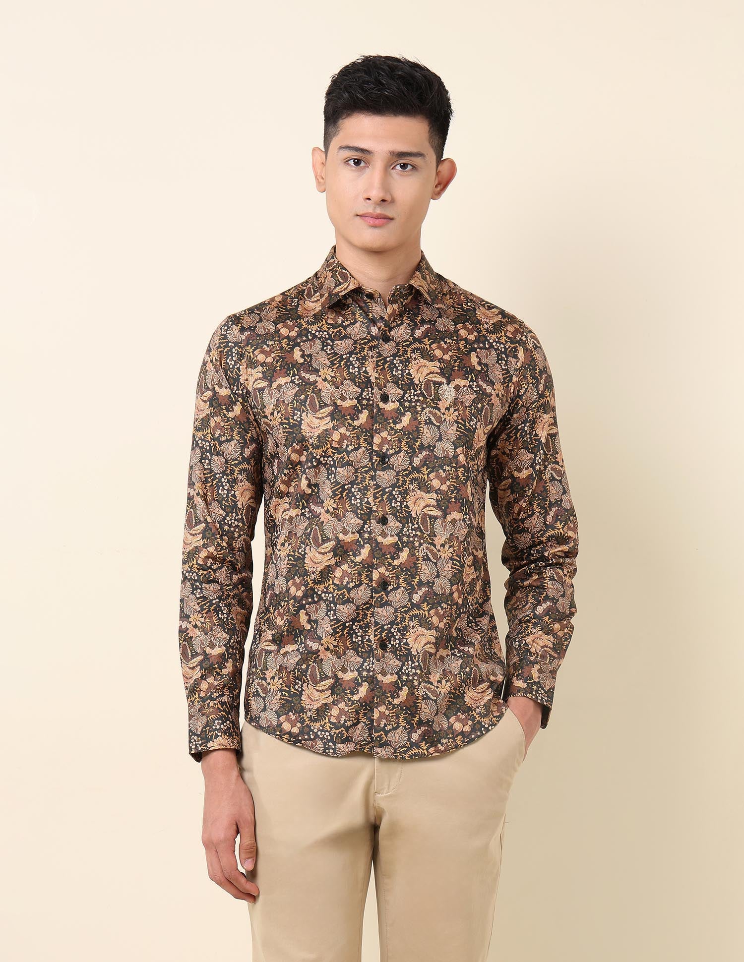 Floral Printed Satin Pure Cotton Shirt Brown - U.S. Polo Assn. India | Large