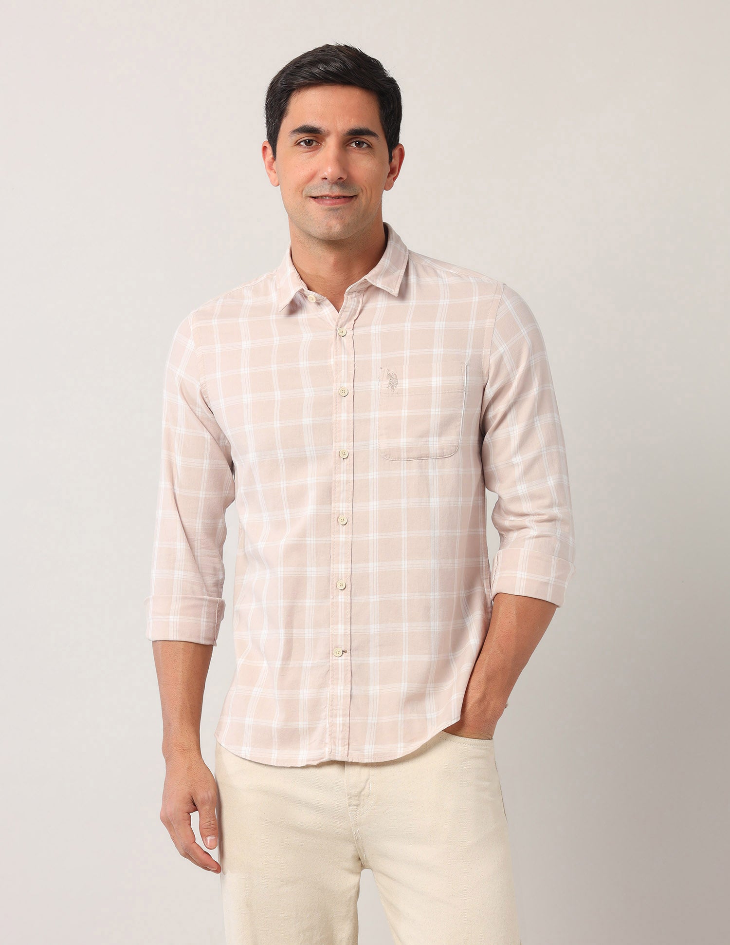 Grid Tattersall Checked Regular Fit Shirt Beige - U.S. Polo Assn. India | Large