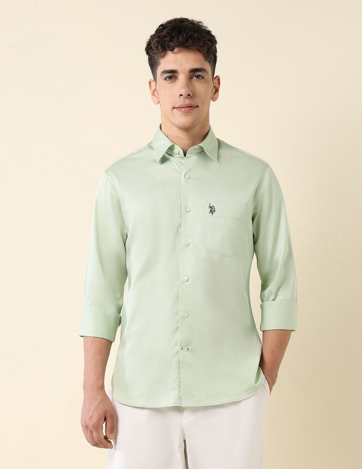 Tailored Fit Satin Shirt Light Green - U.S. Polo Assn. India | Large