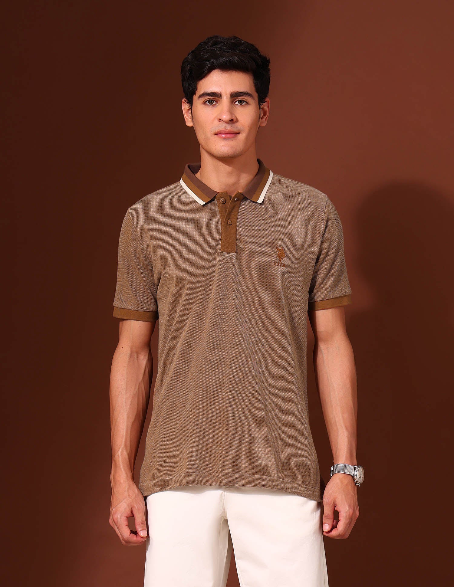 Solid Slim Fit Work and Wander Polo Shirt Brown - U.S. Polo Assn. India | Large