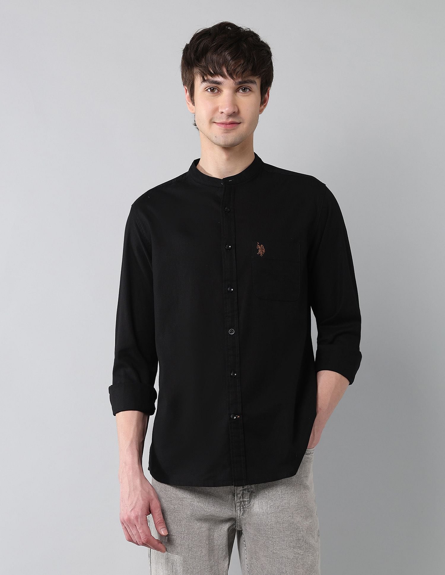 Solid Slub Mandarin Collar Shirt Black - U.S. Polo Assn. India | Large