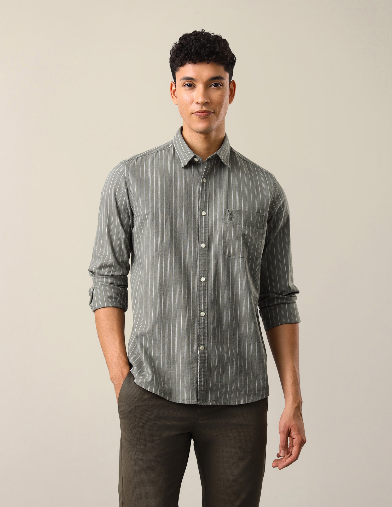 Vertical Striped Regular Fit Shirt Light Olive - U.S. Polo Assn. India | Large