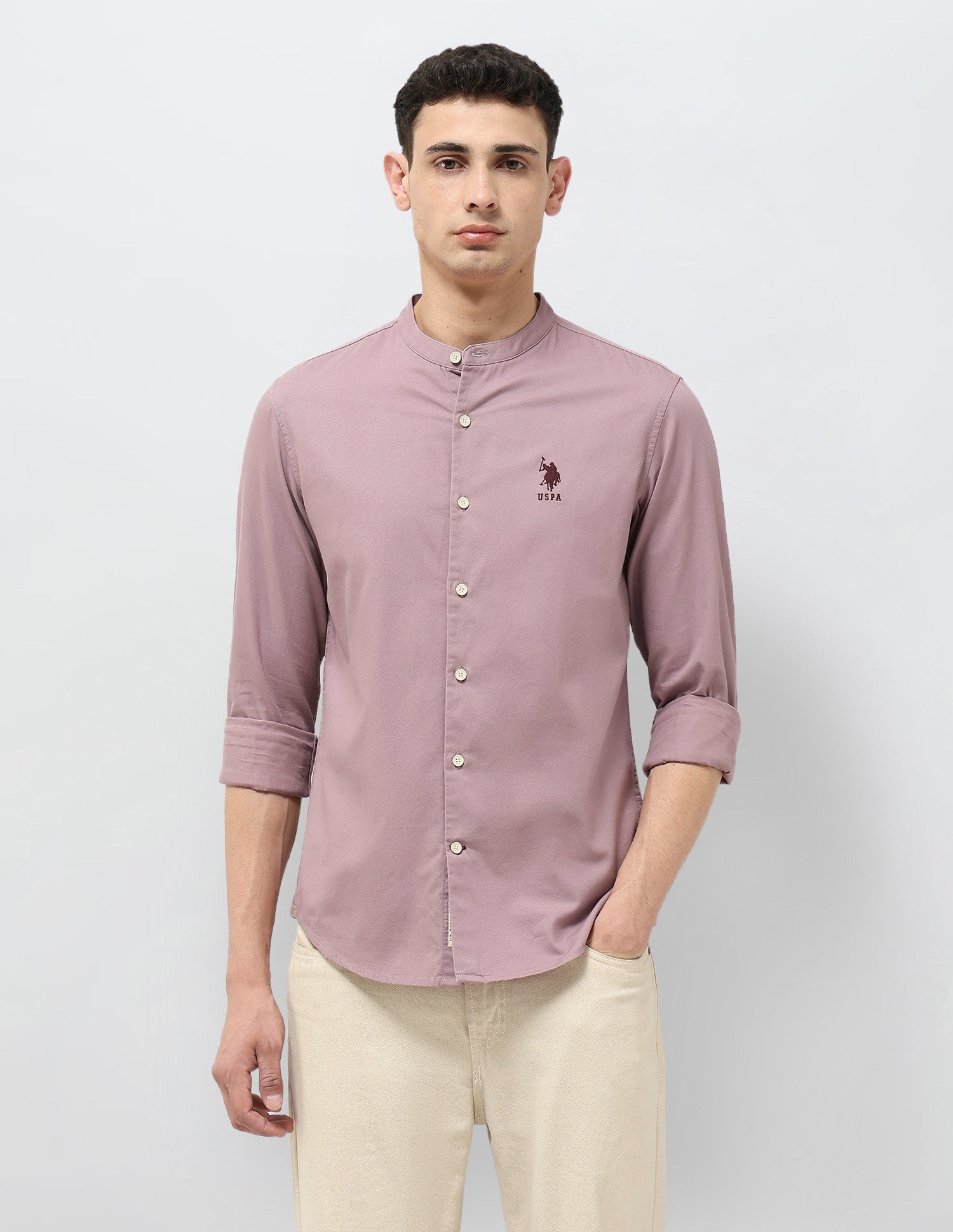 Twill Regular Fit Mandarin Shirt Dark Pink - U.S. Polo Assn. India | Large