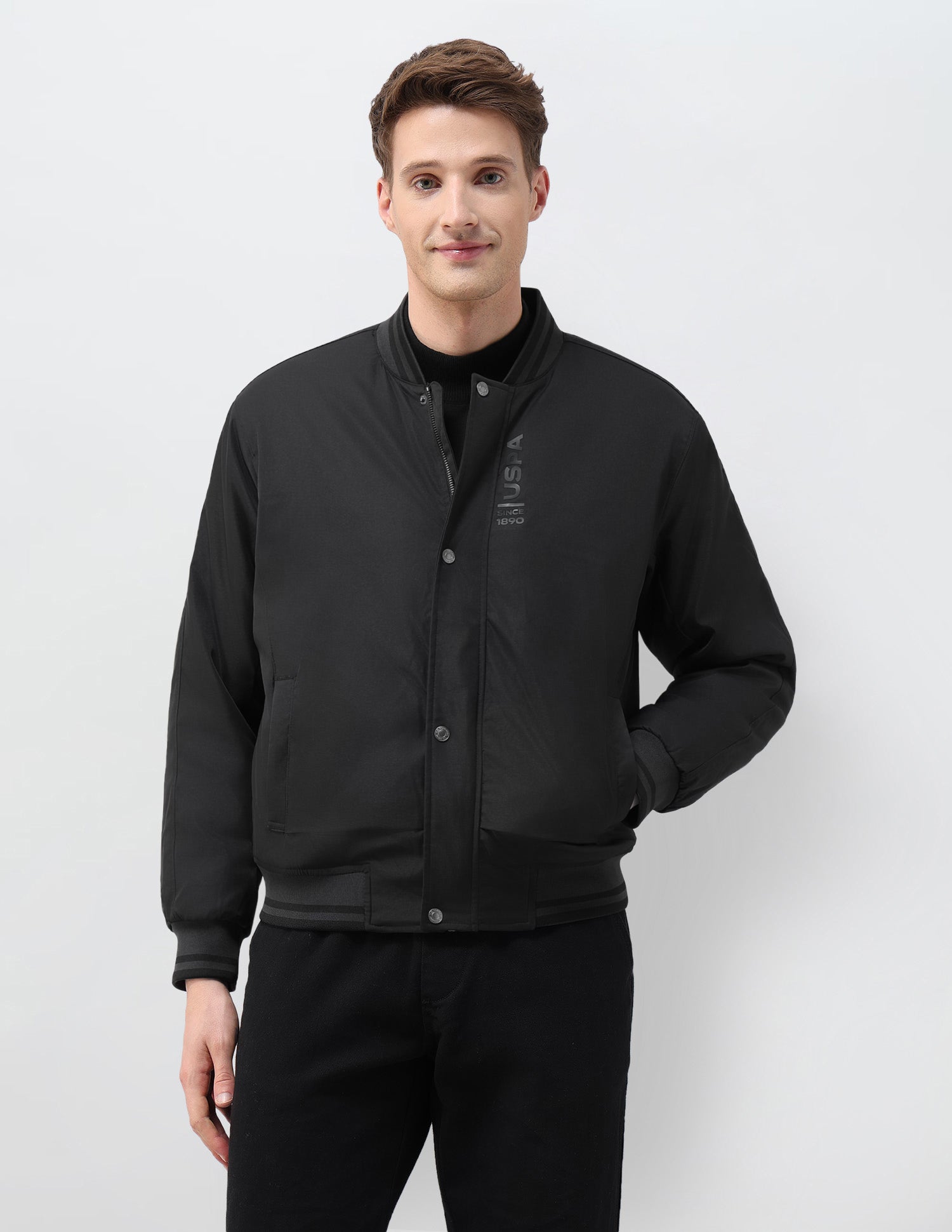 Solid Regular Fit Bomber Jacket Black - U.S. Polo Assn. India | Large