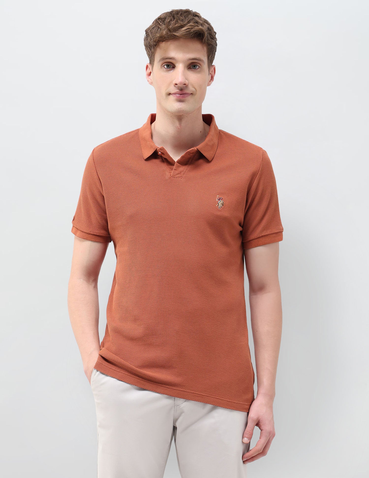 Textured Muscle Fit Polo Shirt Rust - U.S. Polo Assn. India | Large
