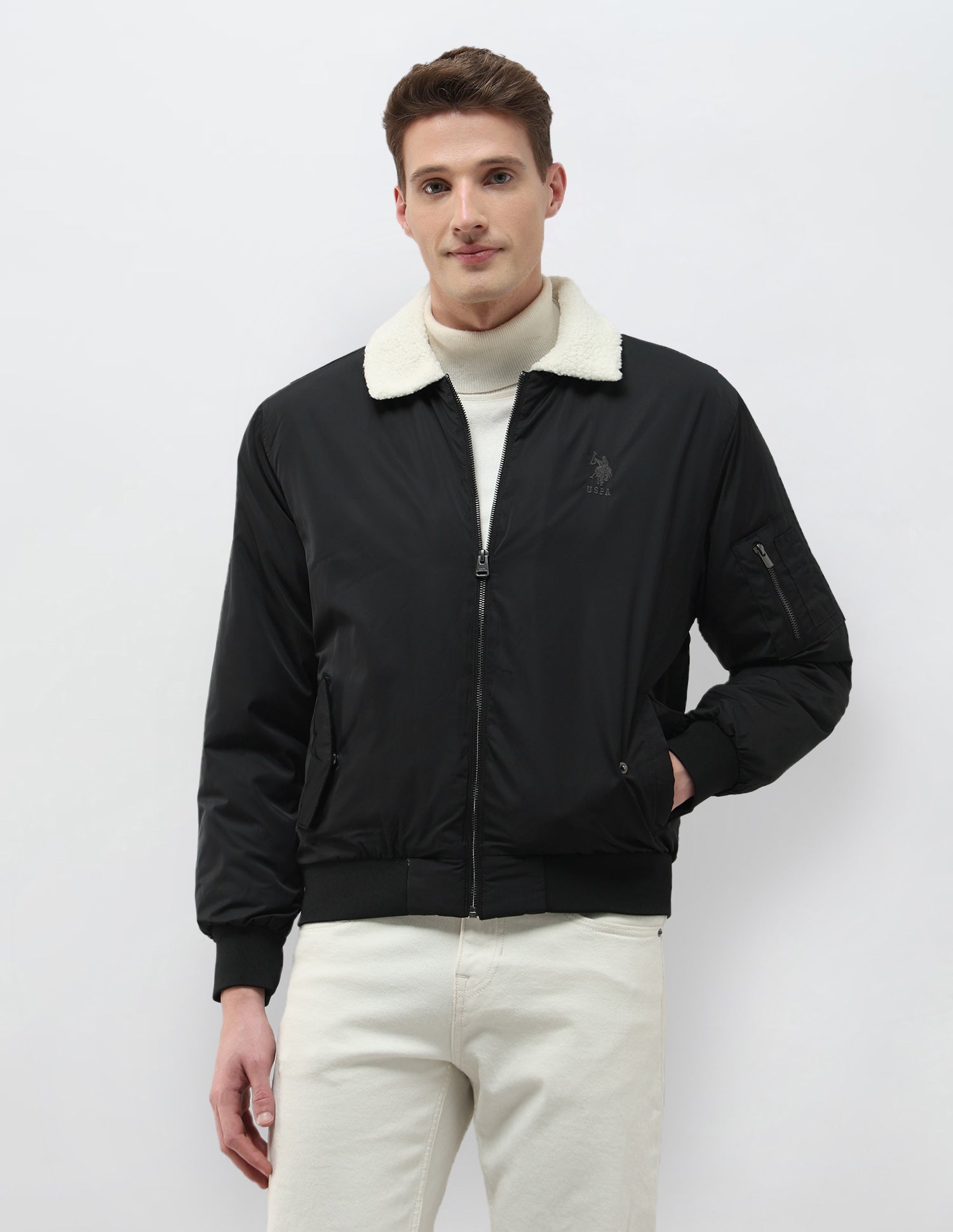 Solid Regular Fit Bomber Jacket Black - U.S. Polo Assn. India | Large