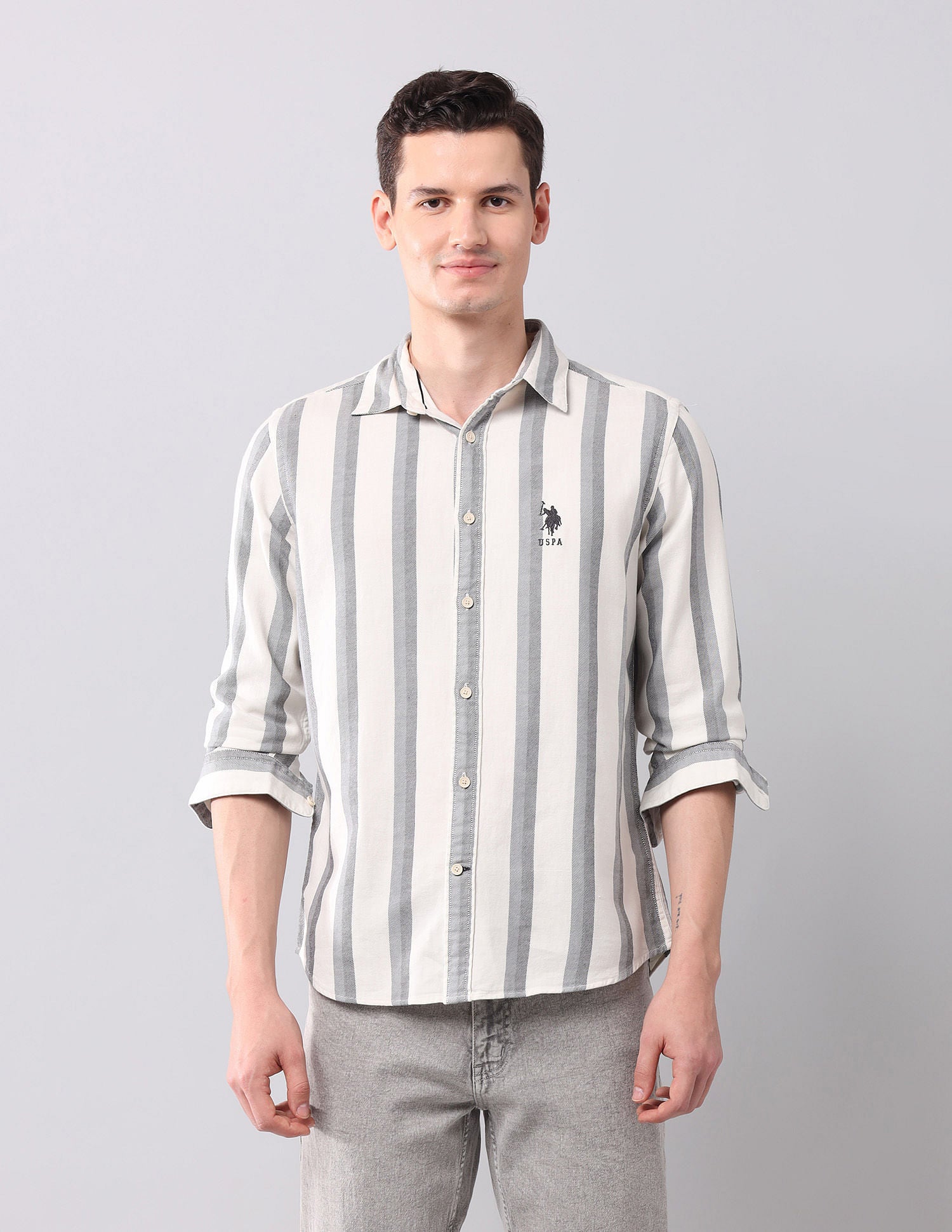 Vertical Striped Pure Cotton Shirt Ivory - U.S. Polo Assn. India | Large