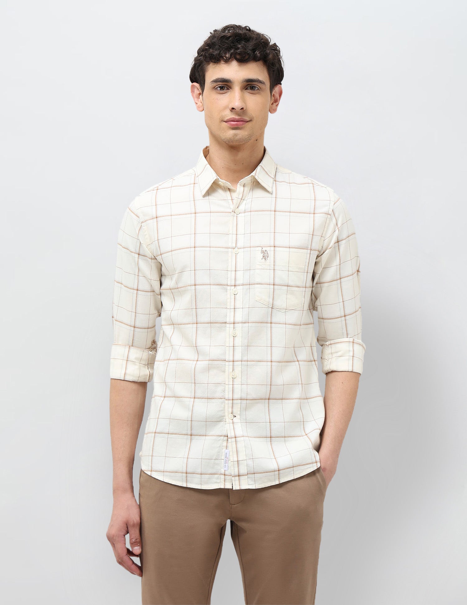 Windowpane Checked Tailored Fit Shirt Ivory - U.S. POLO ASSN. | Large