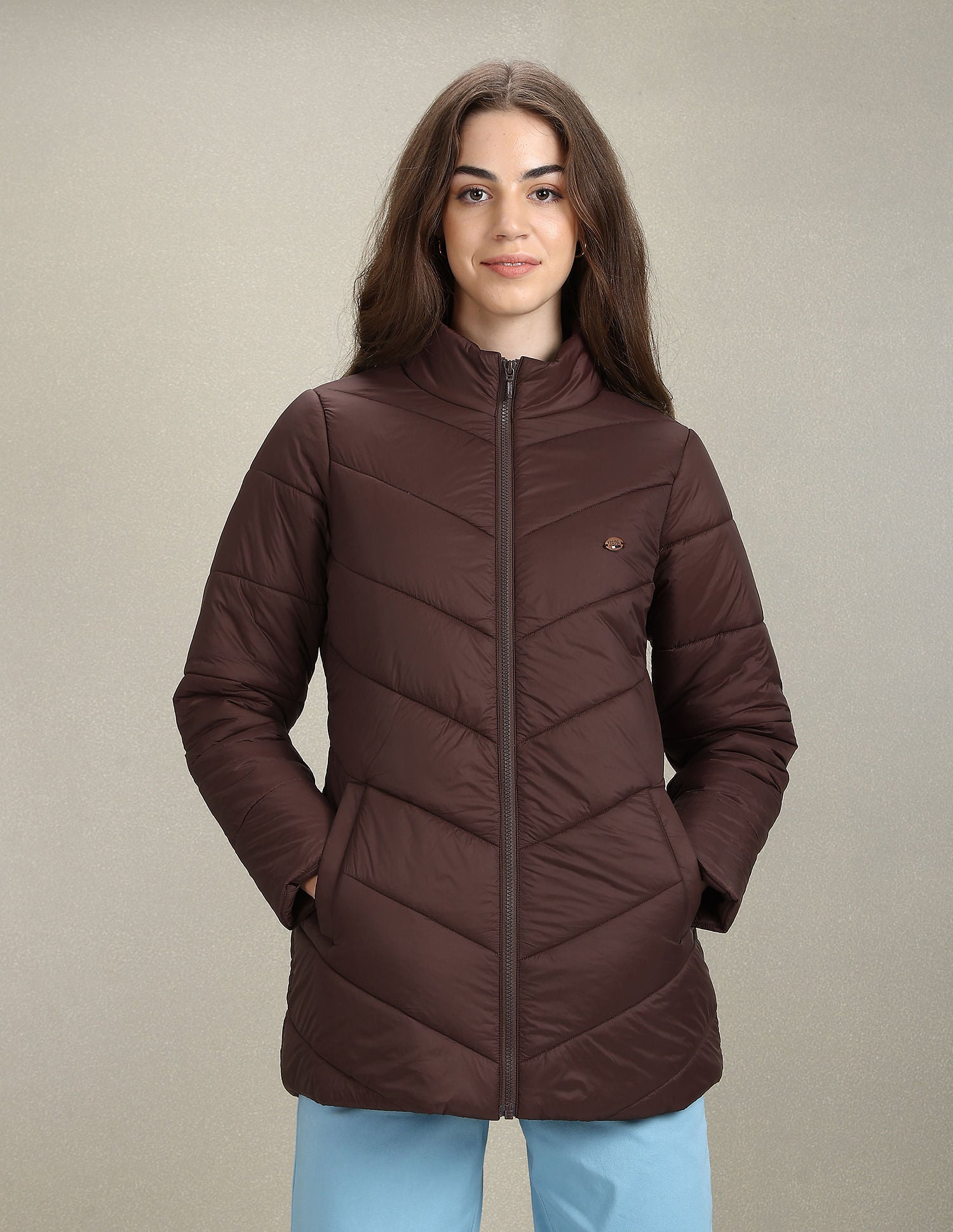 High Neck Longline Puffer Jacket Brown - U.S. POLO ASSN. | Large