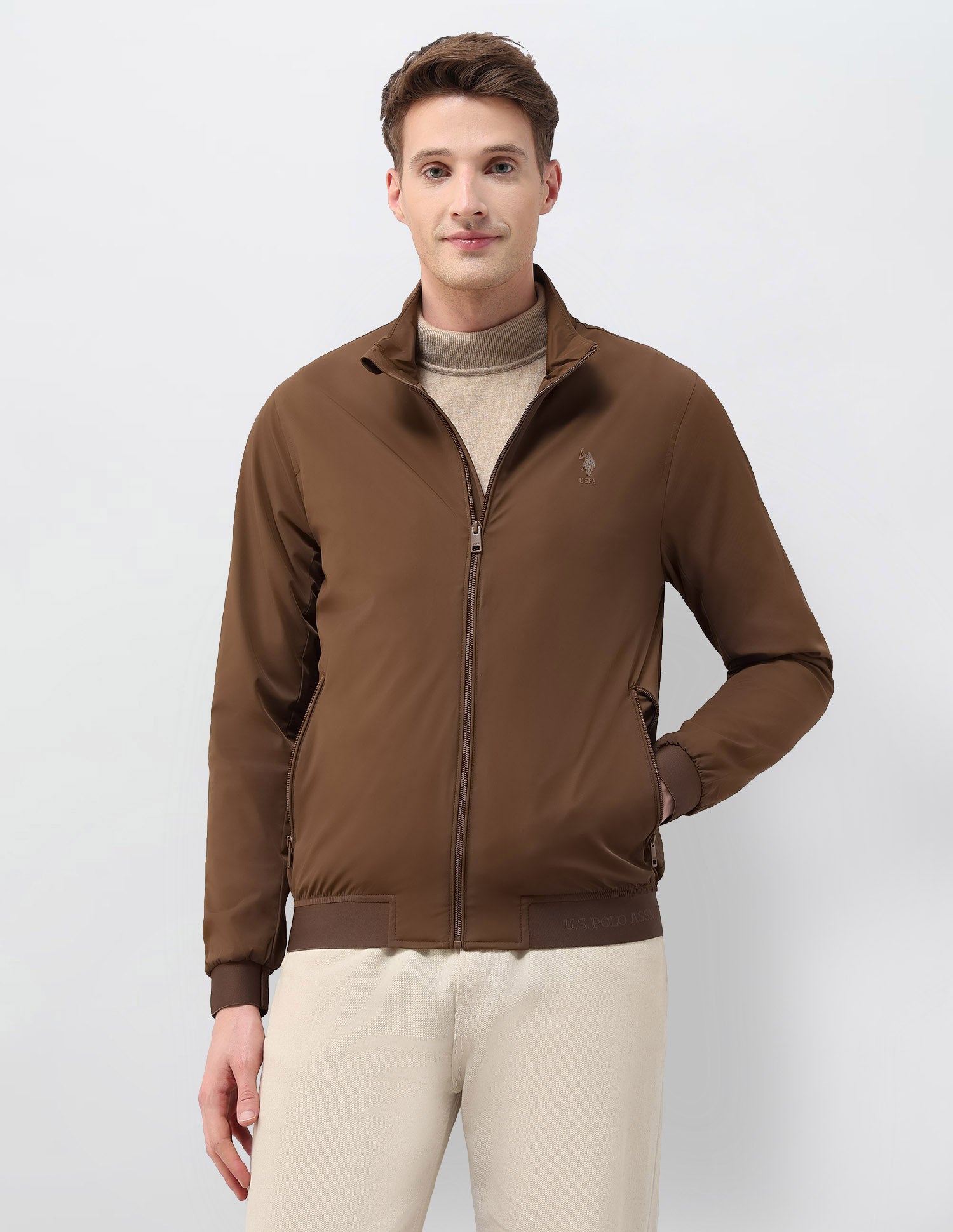 Solid Regular Fit Jacket Khaki - U.S. Polo Assn. India | Large
