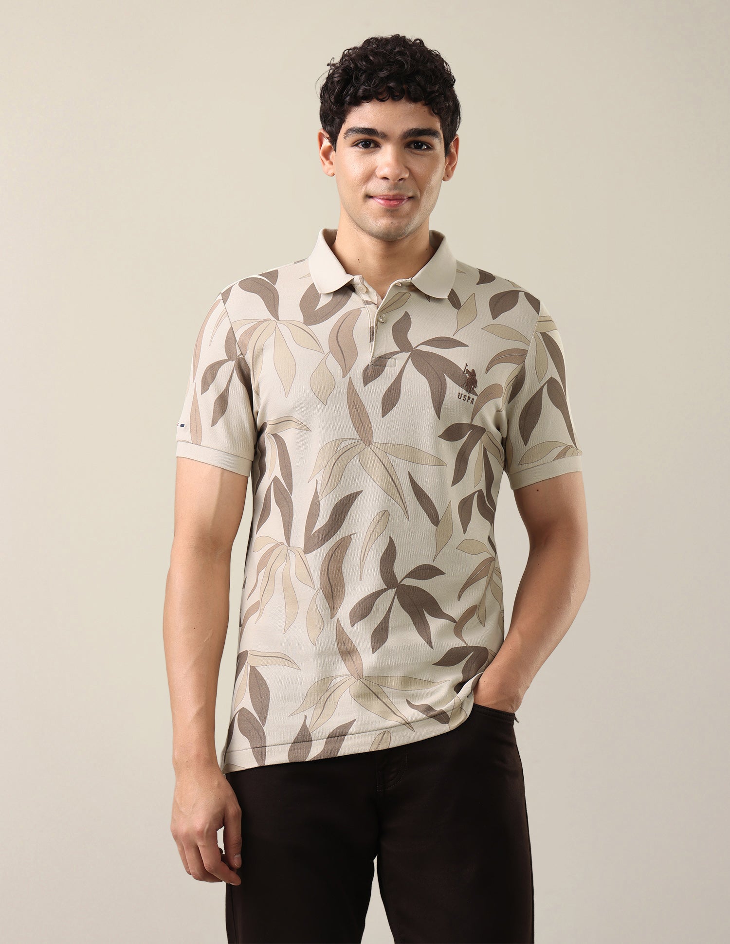 Tropical Printed Slim Fit Polo Shirt Beige - U.S. Polo Assn. India | Large