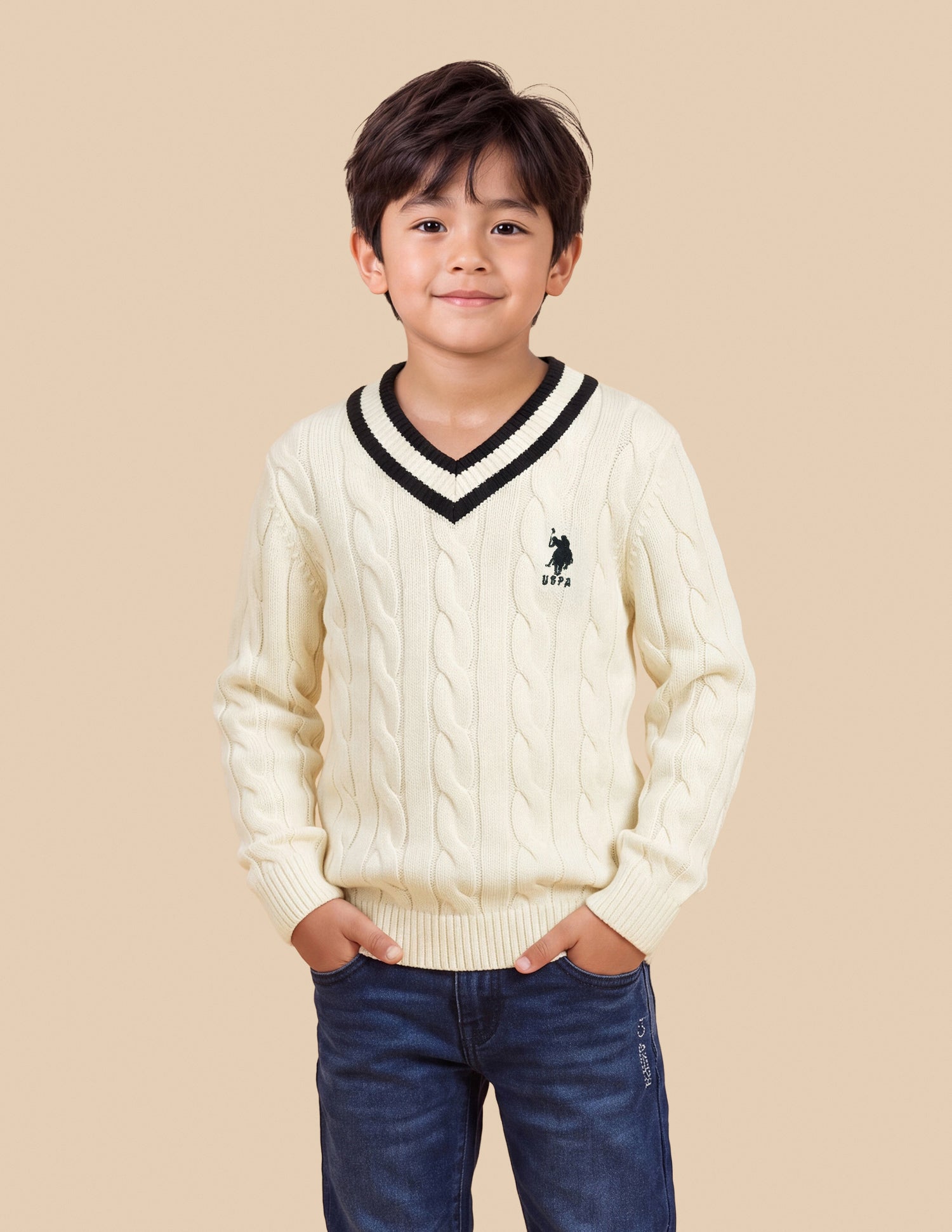 Cable Patterned Knit Regular Fit Sweater Off White - U.S. Polo Assn. India | Large
