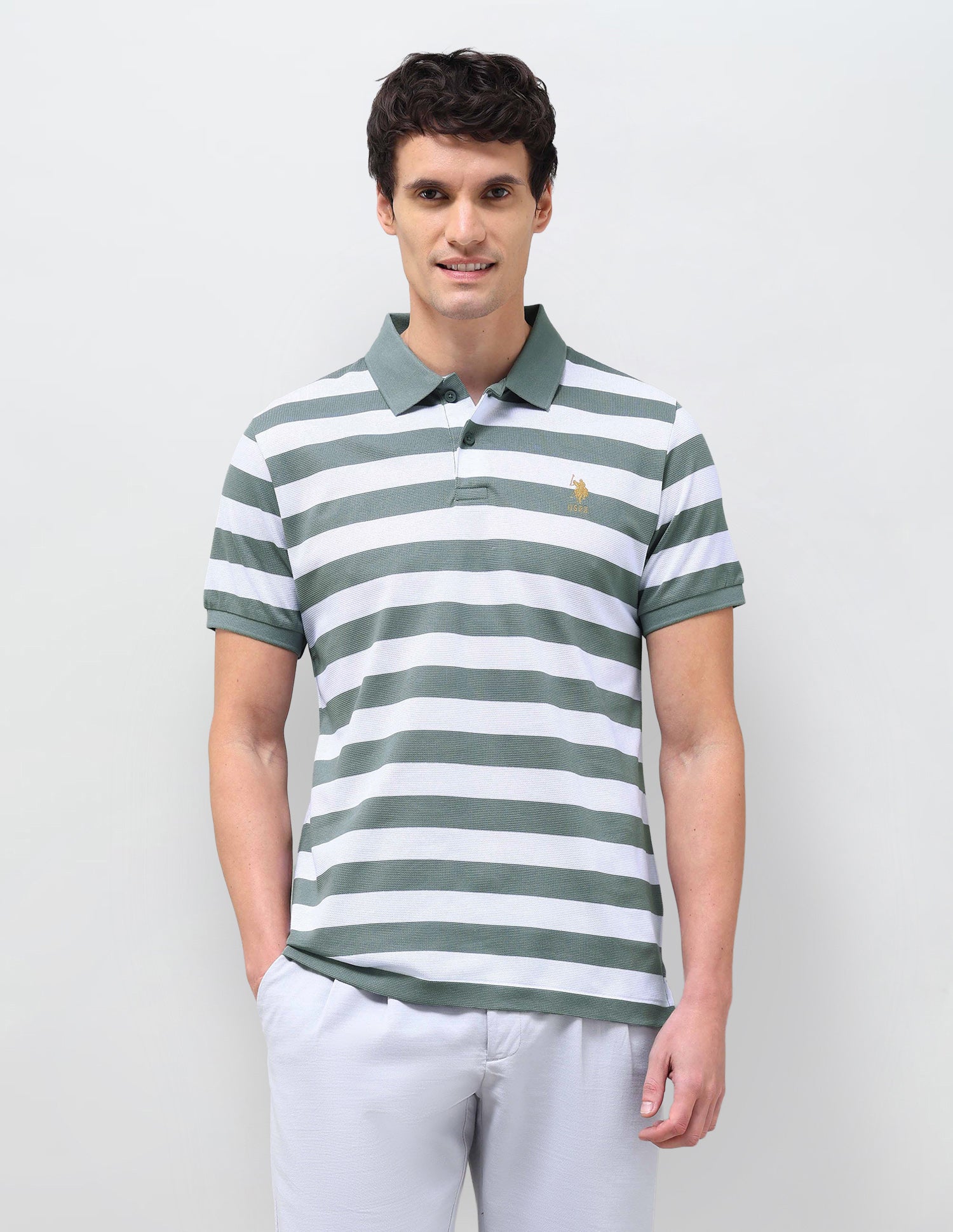 Horizontal Striped Slim Fit Polo Shirt Light Green - U.S. Polo Assn. India | Large