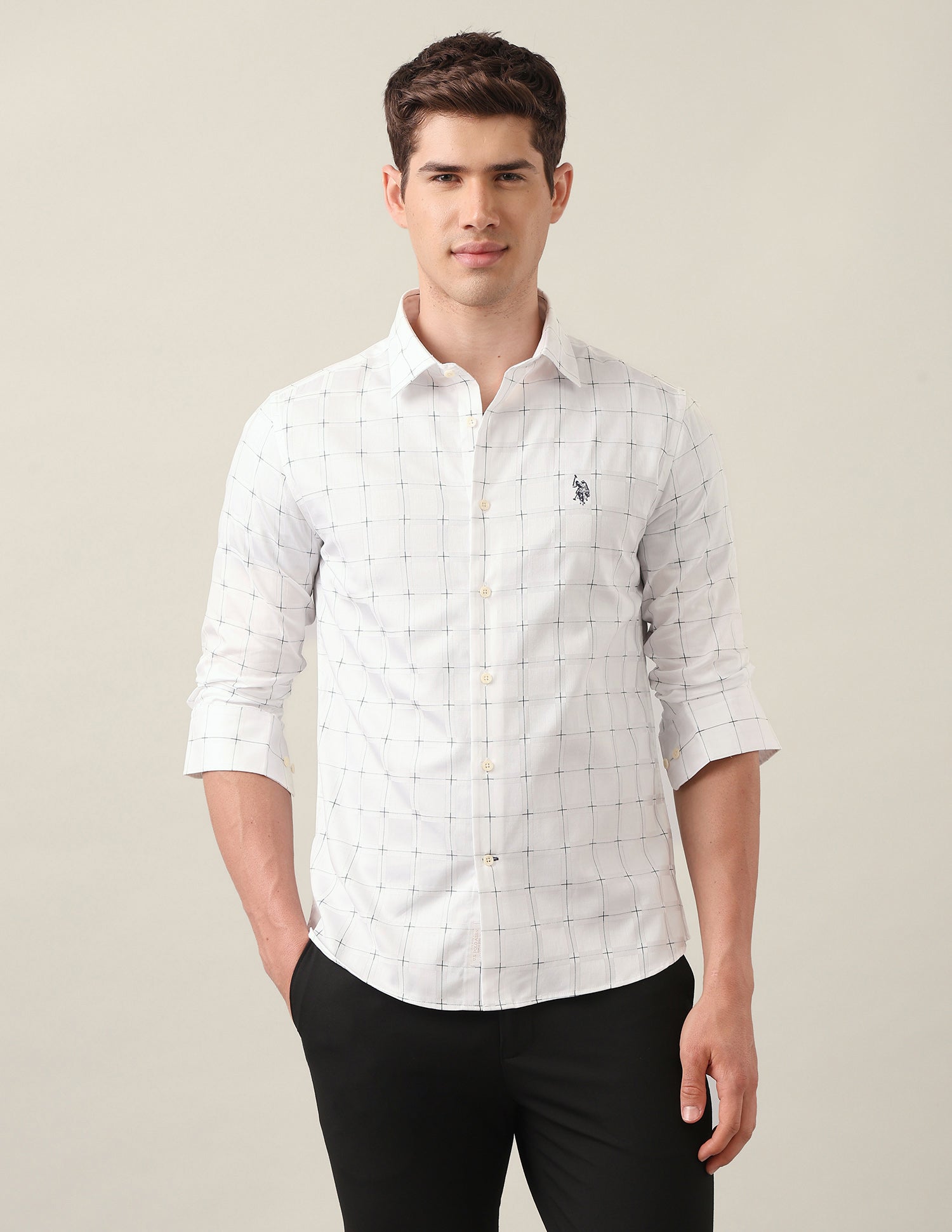 Windowpane Checked Satin Shirt White - U.S. Polo Assn. India | Large