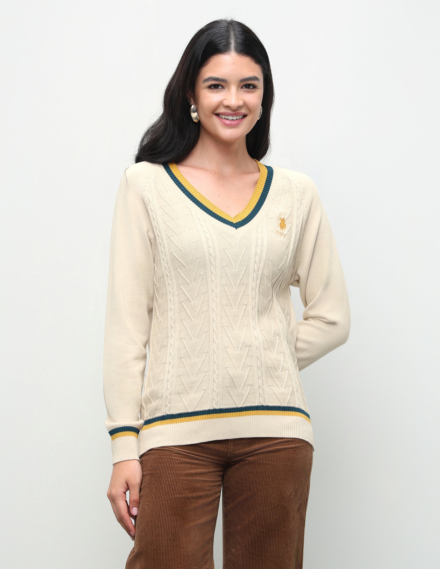Cable Patterned Knit Regular Fit Sweater Ecru - U.S. Polo Assn. India | Large