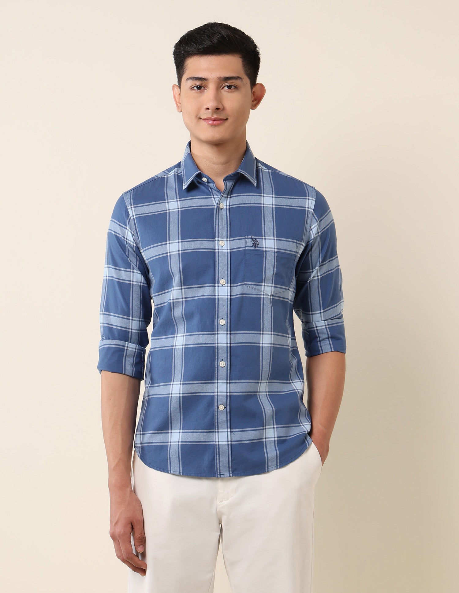 Grid Tattersall Checked Pure Cotton Shirt Blue - U.S. Polo Assn. India | Large
