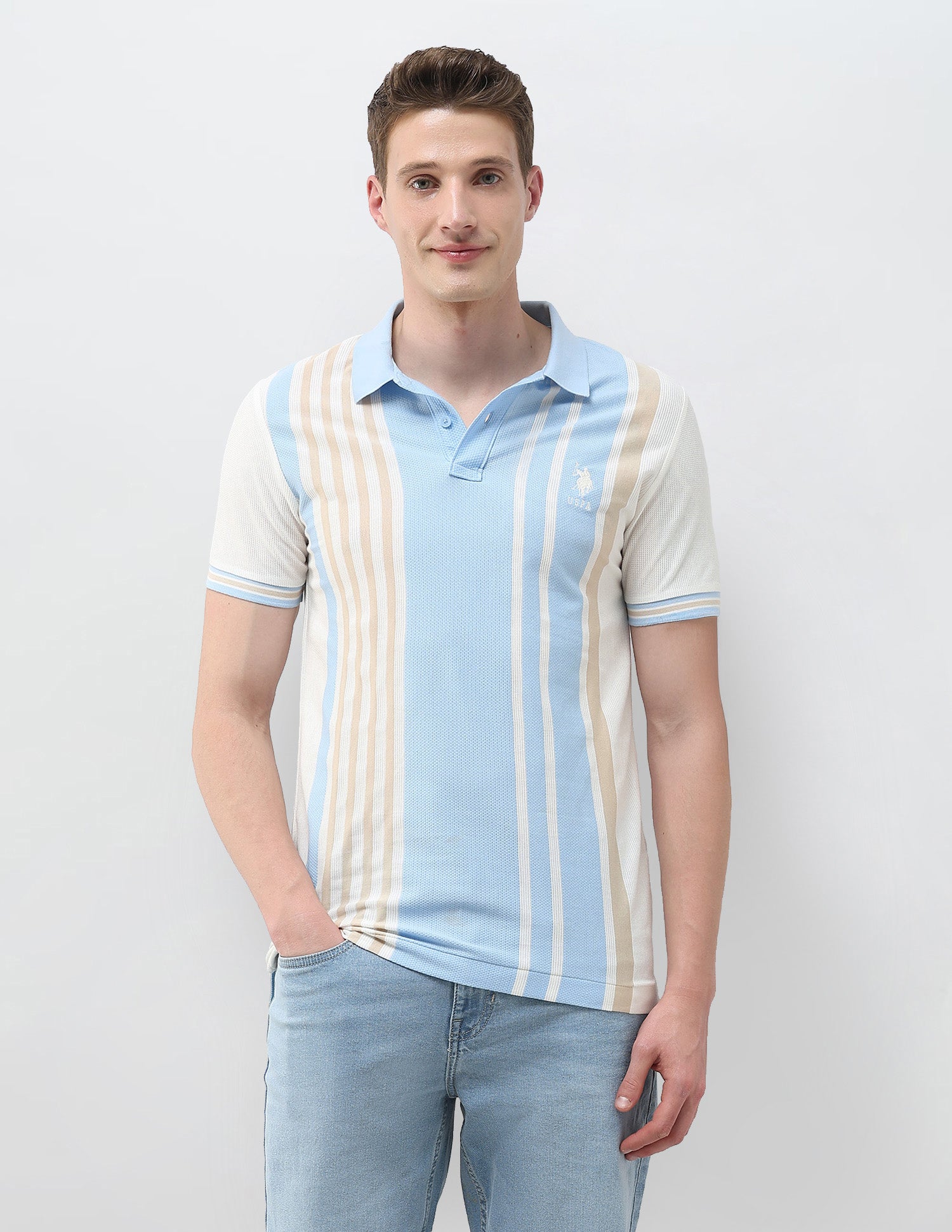 Self Design Vertical Striped Slim Fit Polo Shirt Light Blue - U.S. Polo Assn. India | Large